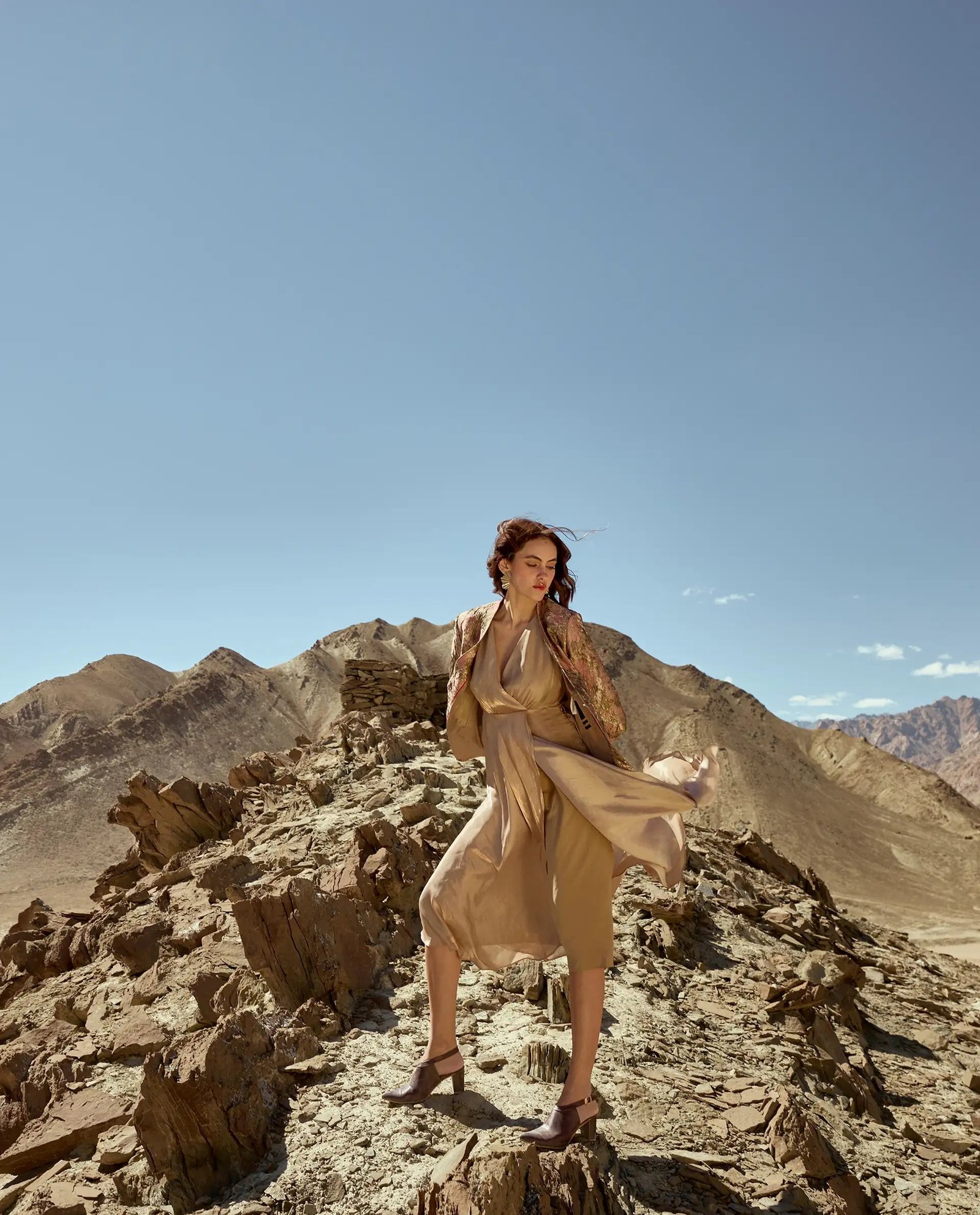 Rareism Women's Avsin Gold Polyester Wrap Neck Fit And Flare Plain Midi Dress - Image 3