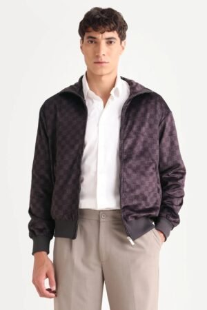 Rare Rabbit Men's Adiso-Dp Dark Brown Polyester Fabric High Neck Regular Fit Geometric Print Jacket