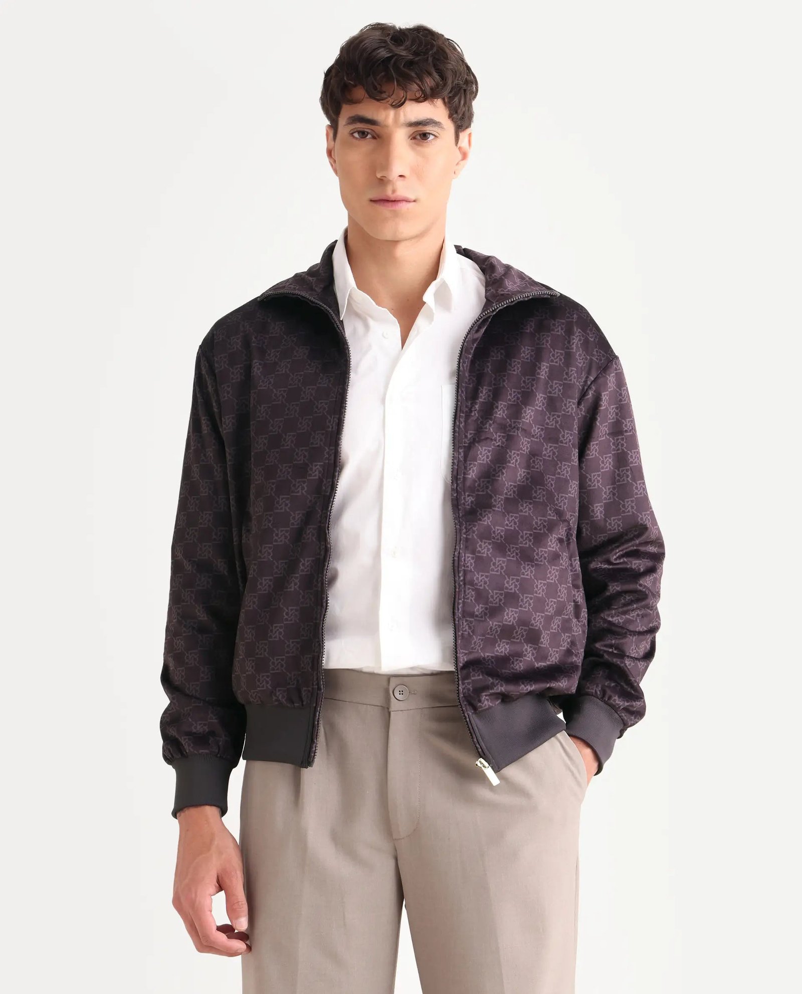 Rare Rabbit Men's Adiso-Dp Dark Brown Polyester Fabric High Neck Regular Fit Geometric Print Jacket