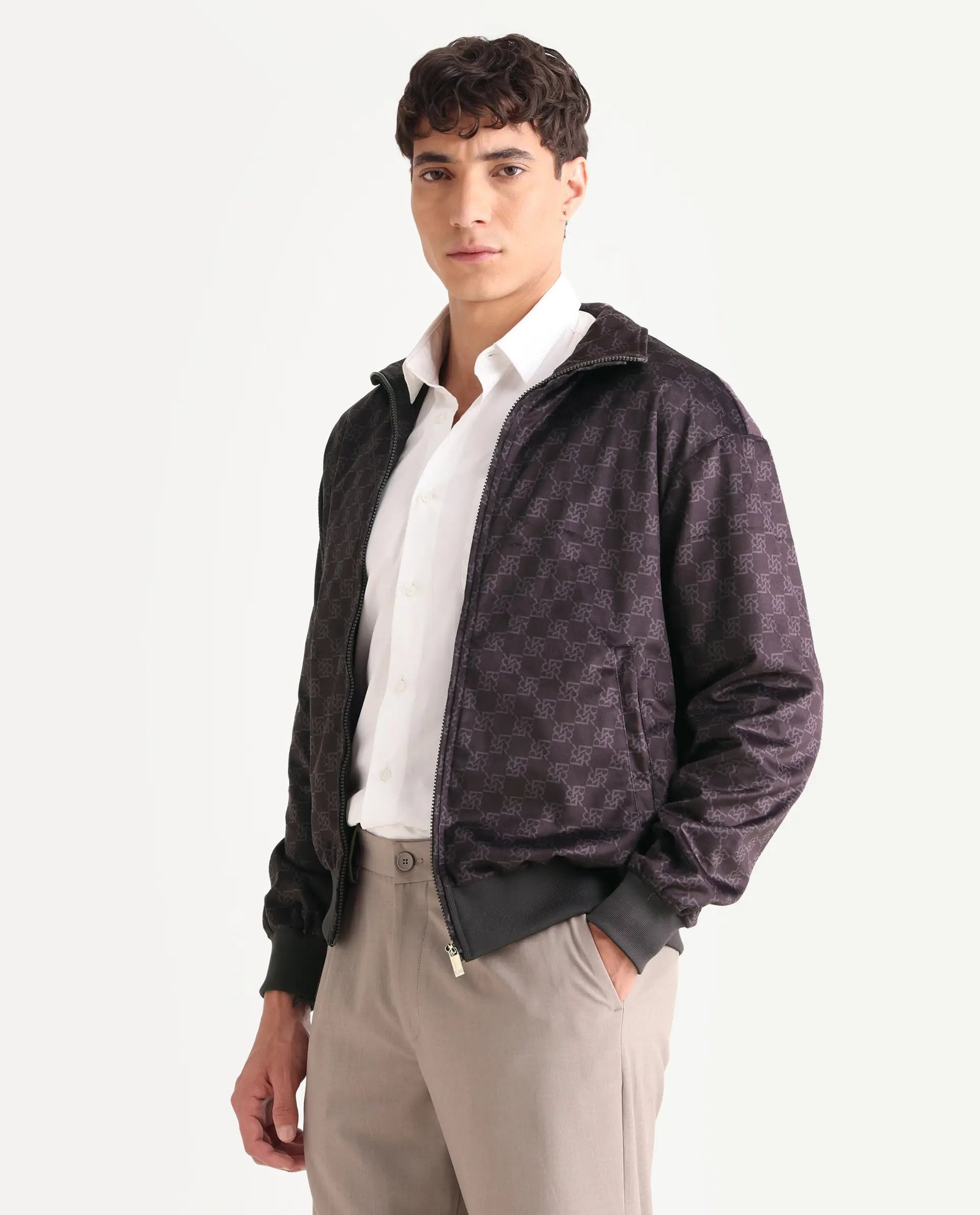 Rare Rabbit Men's Adiso-Dp Dark Brown Polyester Fabric High Neck Regular Fit Geometric Print Jacket - Image 4