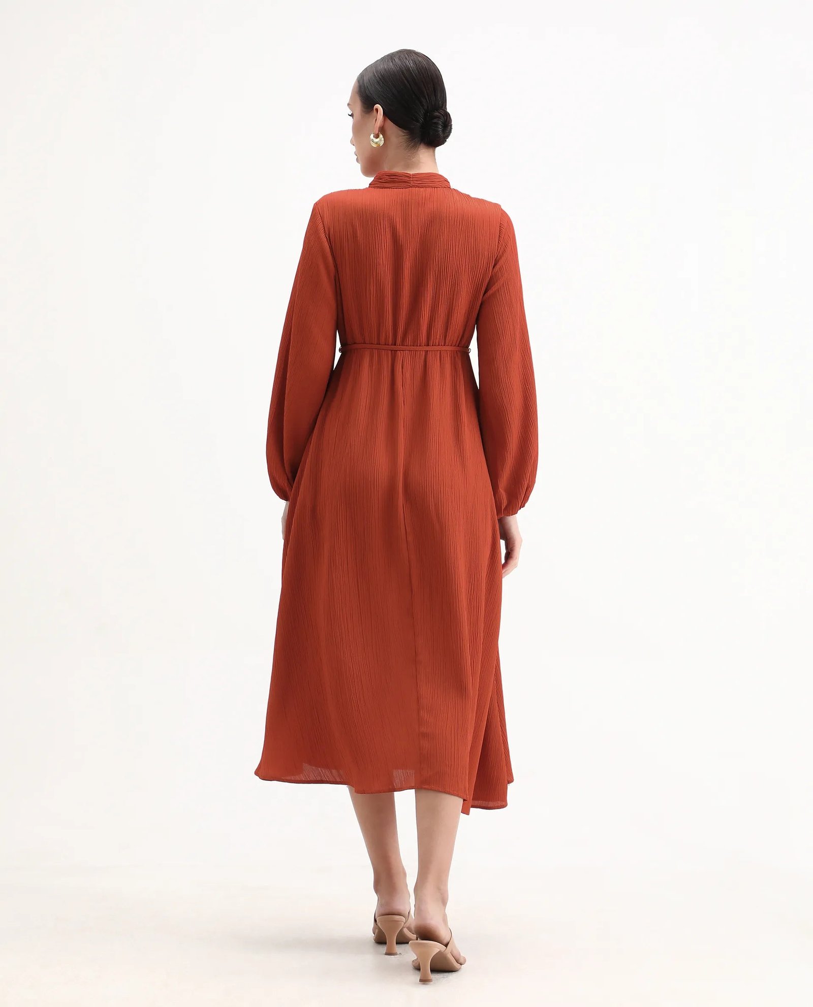 Rareism Women's Aviure Rust Polyester Band Collar Fit And Flare Plain Midi Dress - Image 8