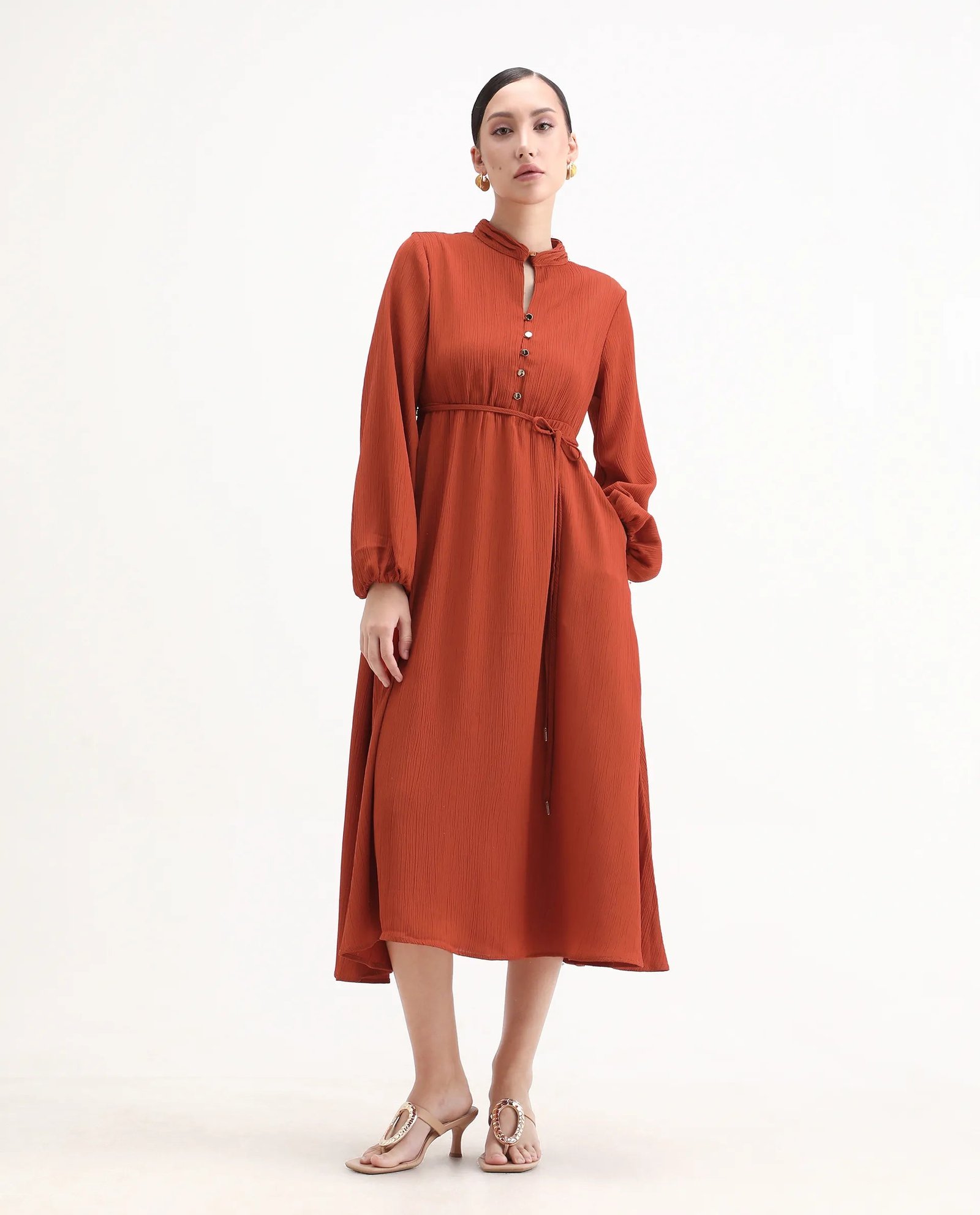 Rareism Women's Aviure Rust Polyester Band Collar Fit And Flare Plain Midi Dress - Image 4