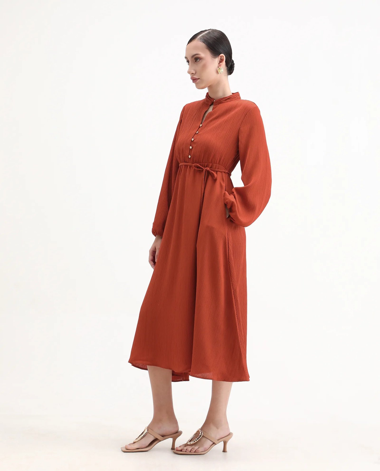 Rareism Women's Aviure Rust Polyester Band Collar Fit And Flare Plain Midi Dress - Image 5