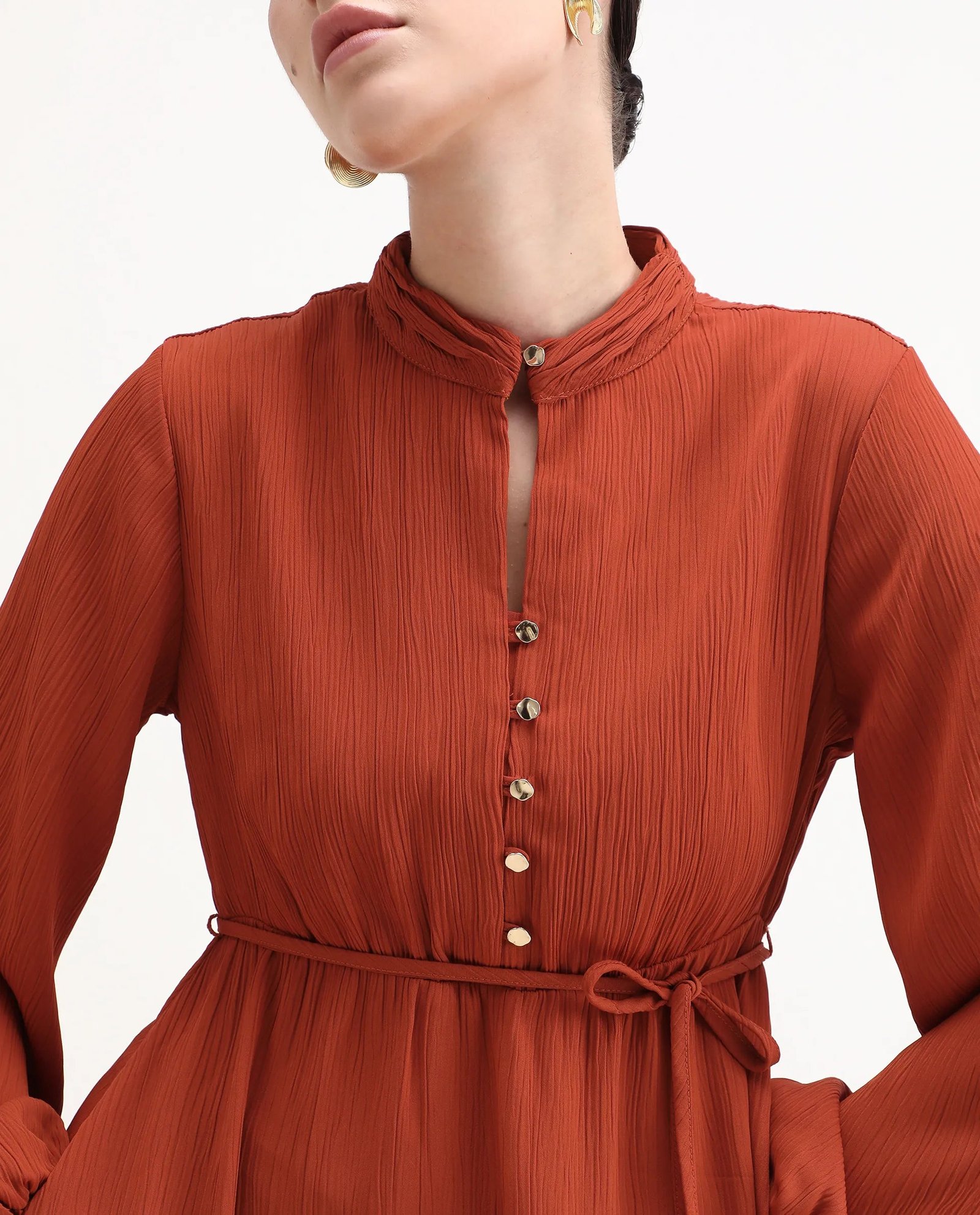 Rareism Women's Aviure Rust Polyester Band Collar Fit And Flare Plain Midi Dress - Image 3