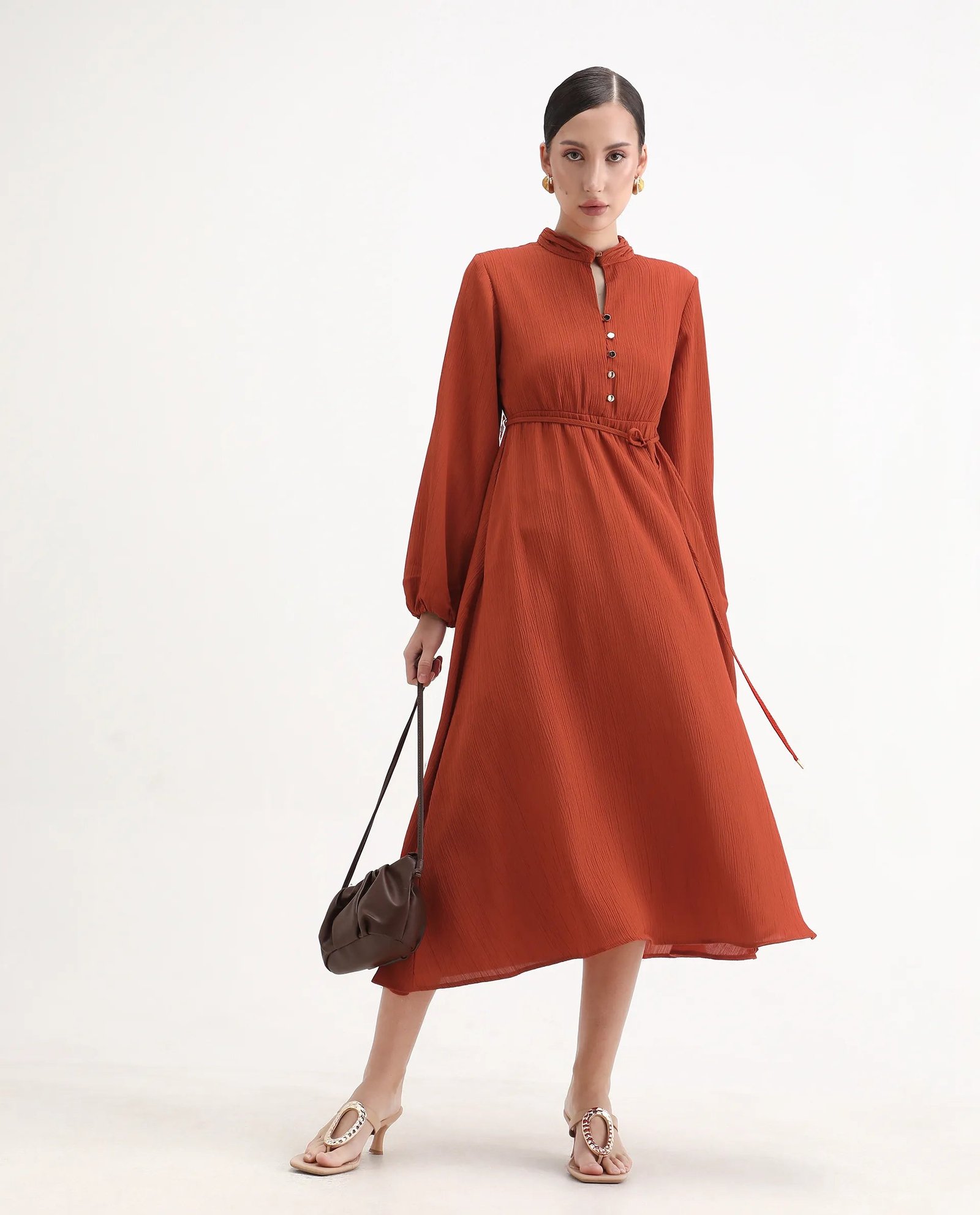 Rareism Women's Aviure Rust Polyester Band Collar Fit And Flare Plain Midi Dress - Image 2