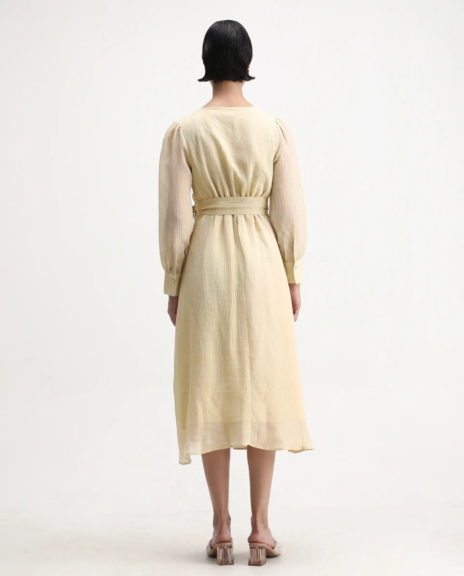 Rareism Women's Avsi Gold Polyester Wrap Neck Fit And Flare Plain Midi Dress - Image 7