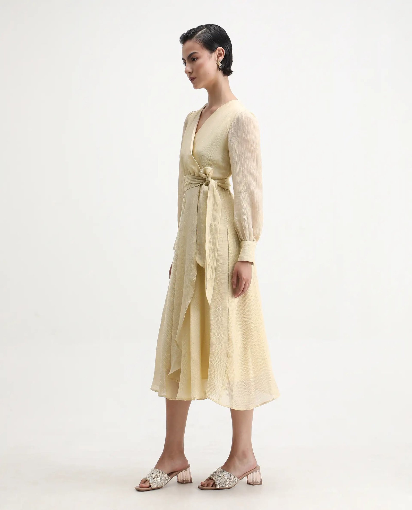 Rareism Women's Avsi Gold Polyester Wrap Neck Fit And Flare Plain Midi Dress - Image 5