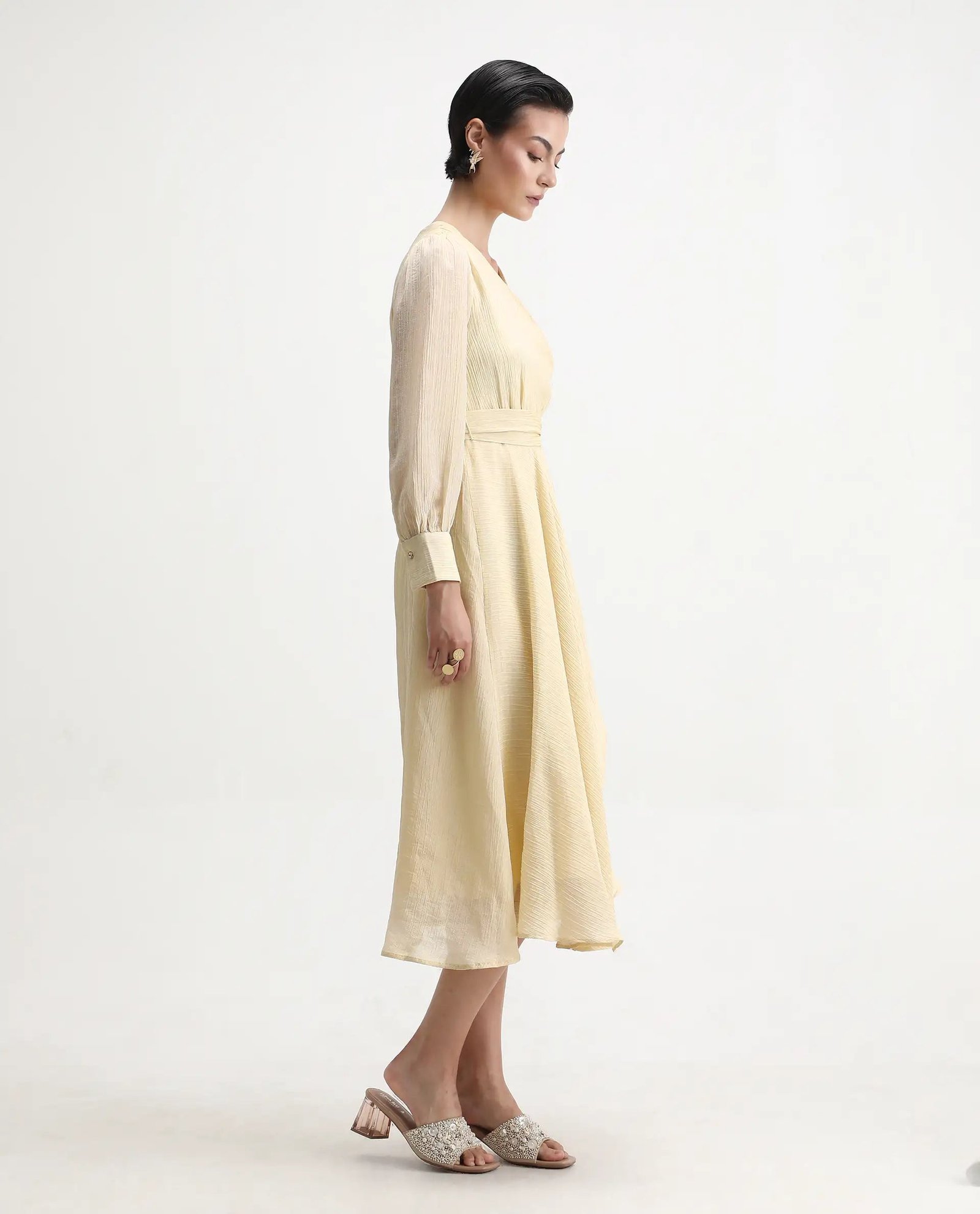 Rareism Women's Avsi Gold Polyester Wrap Neck Fit And Flare Plain Midi Dress - Image 6