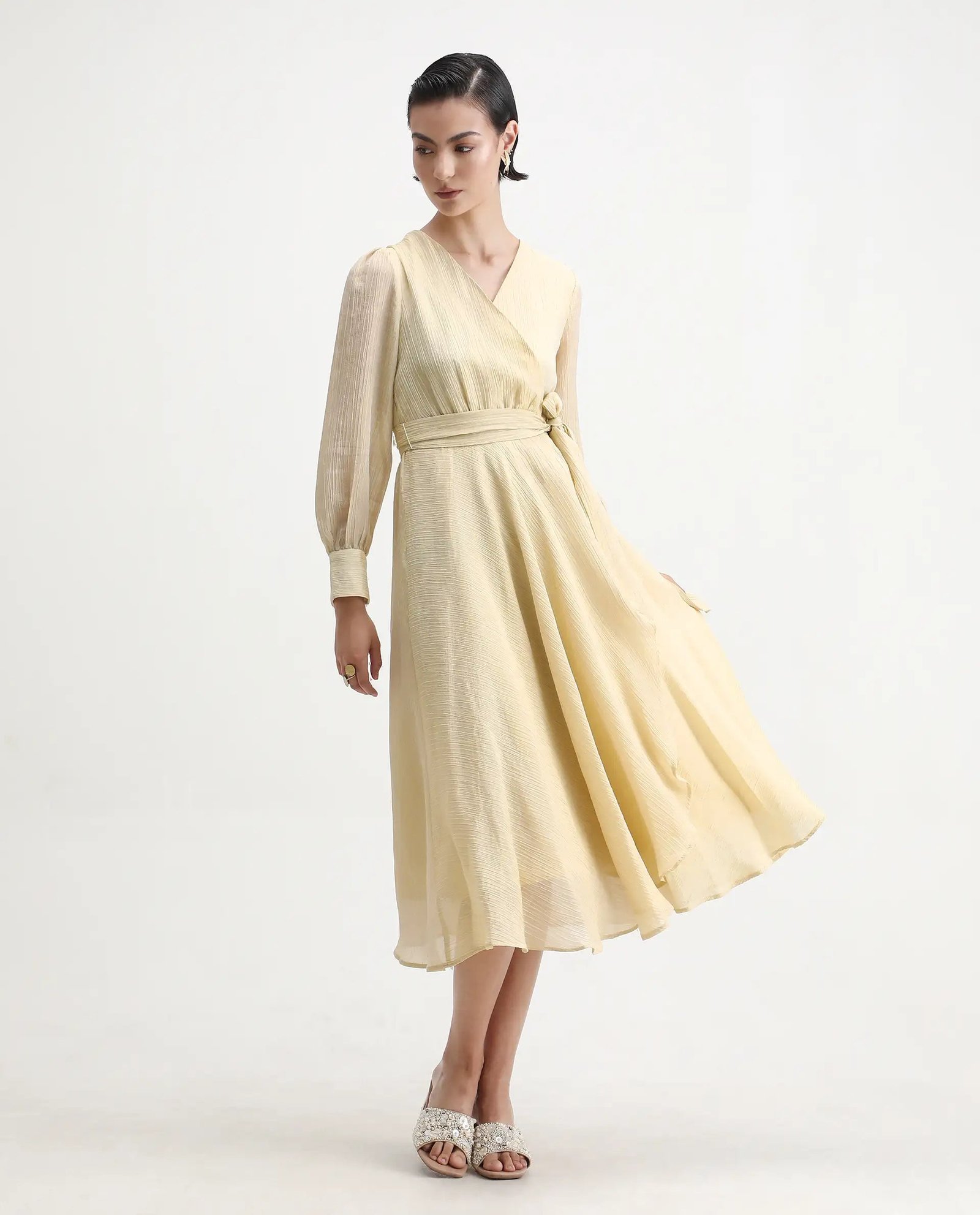 Rareism Women's Avsi Gold Polyester Wrap Neck Fit And Flare Plain Midi Dress - Image 3