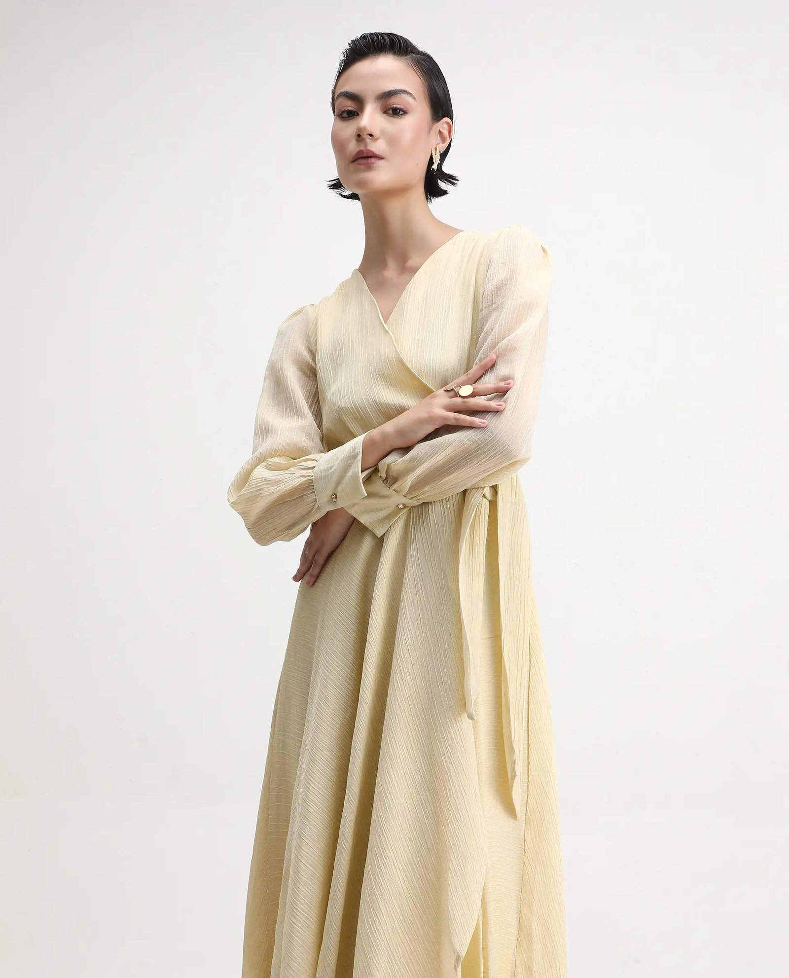 Rareism Women's Avsi Gold Polyester Wrap Neck Fit And Flare Plain Midi Dress - Image 2