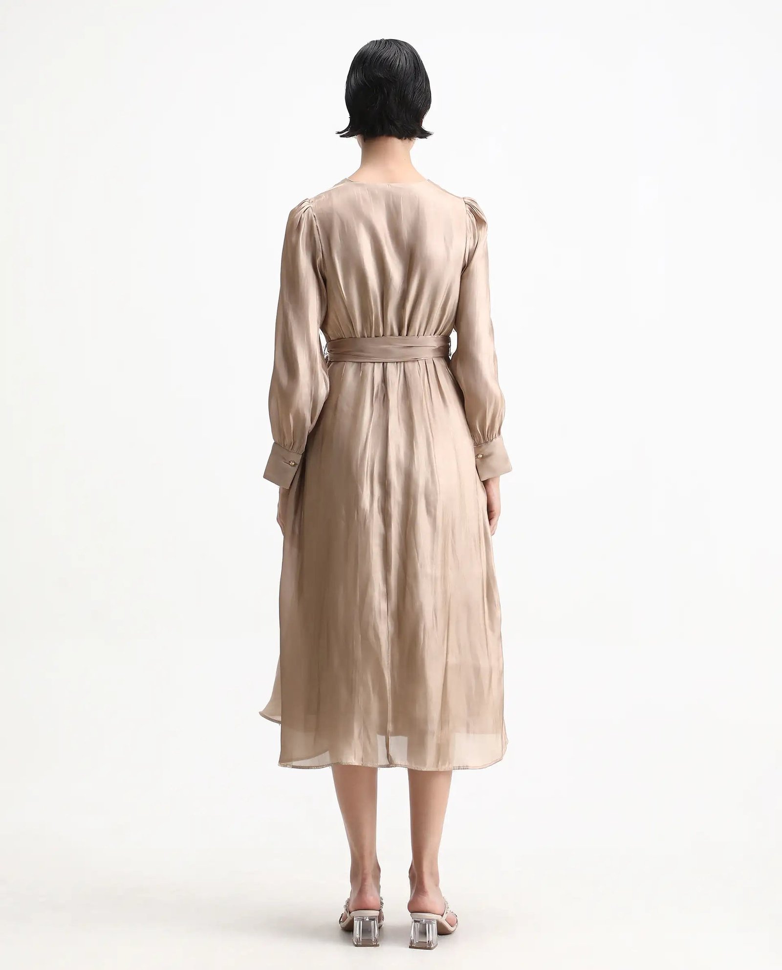 Rareism Women's Avsin Gold Polyester Wrap Neck Fit And Flare Plain Midi Dress - Image 8