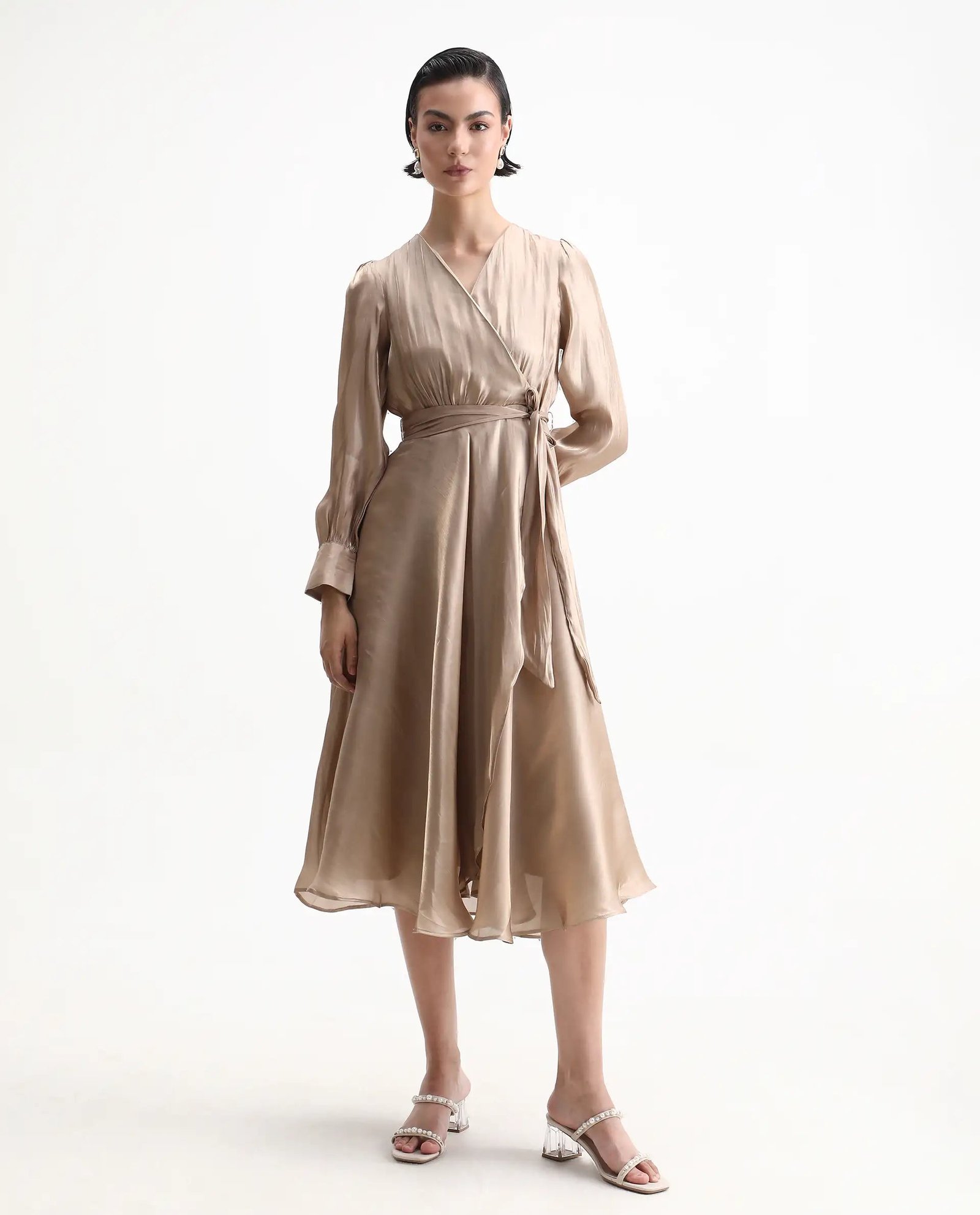 Rareism Women's Avsin Gold Polyester Wrap Neck Fit And Flare Plain Midi Dress - Image 5