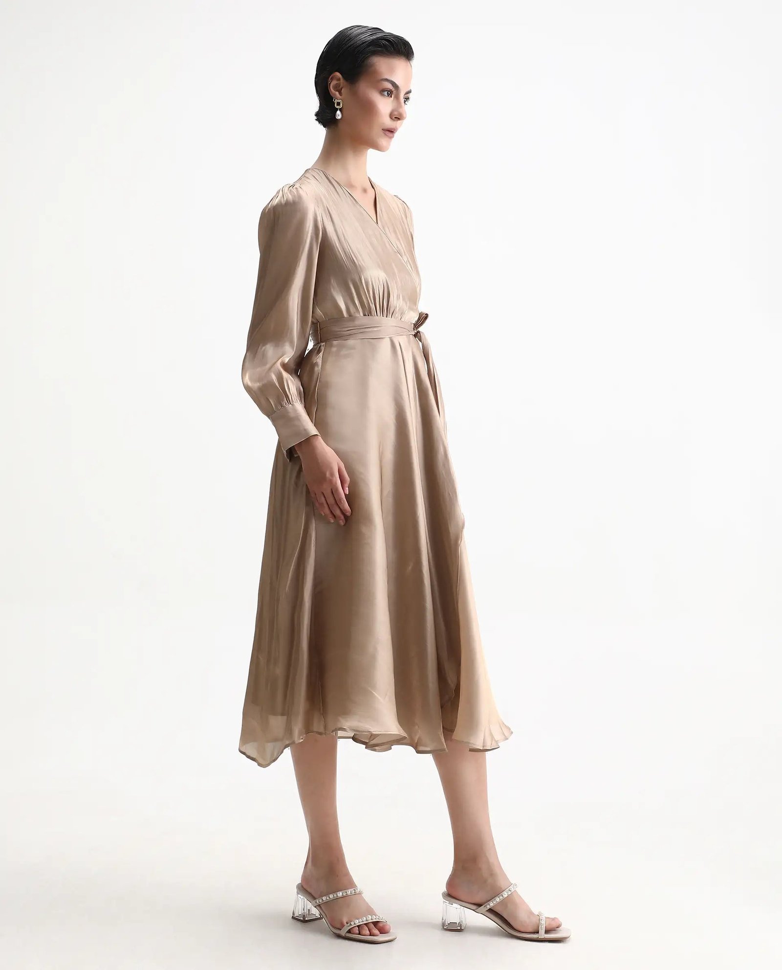 Rareism Women's Avsin Gold Polyester Wrap Neck Fit And Flare Plain Midi Dress - Image 7