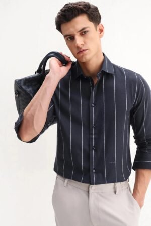 Rare Rabbit Men's Beymen Navy Cotton Striped Print Regular Fit Full Sleeve Collared Shirt