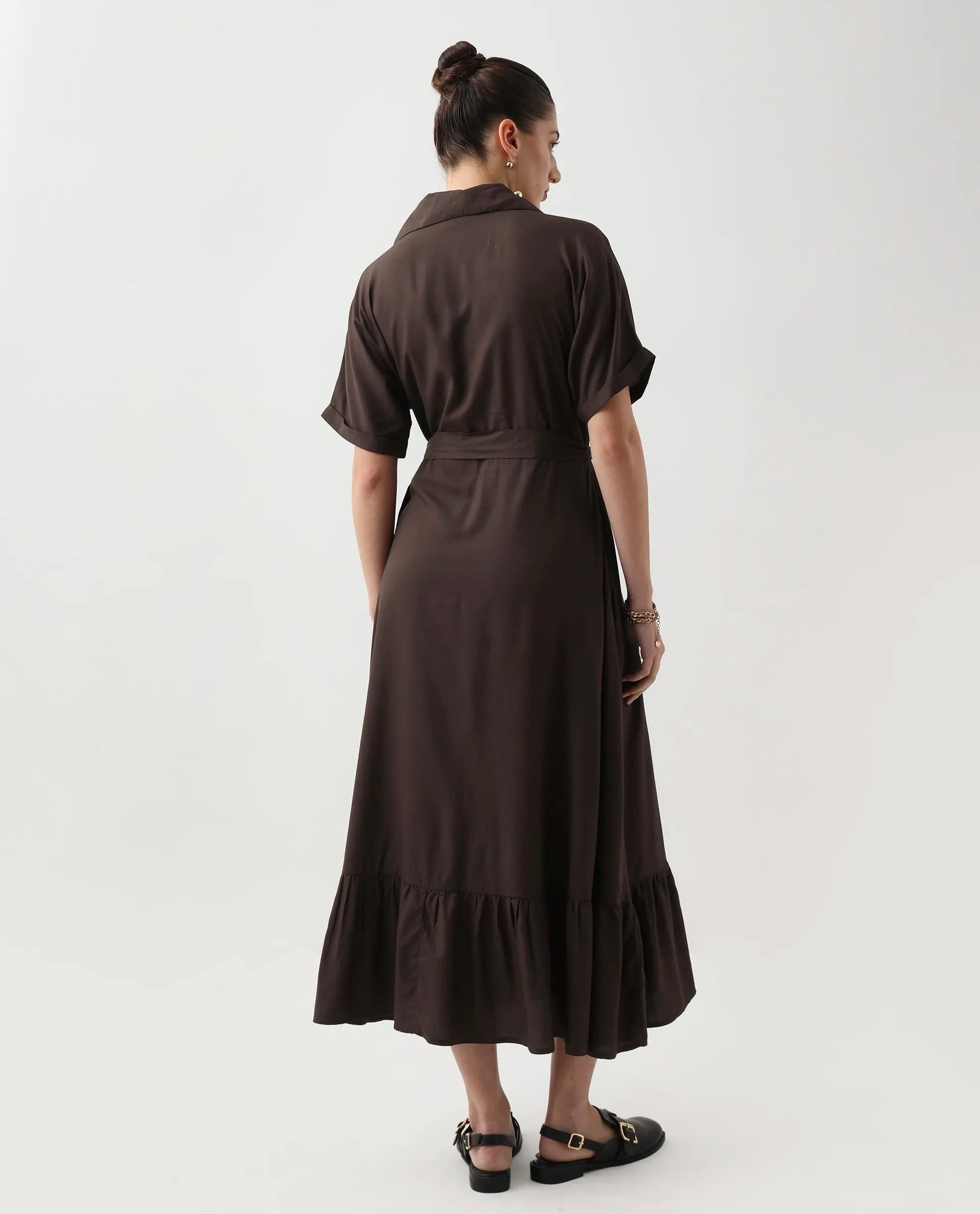 Rareism Women's Elate Brown Viscose Johnny Collar A-Line Plain Midi Dress - Image 7