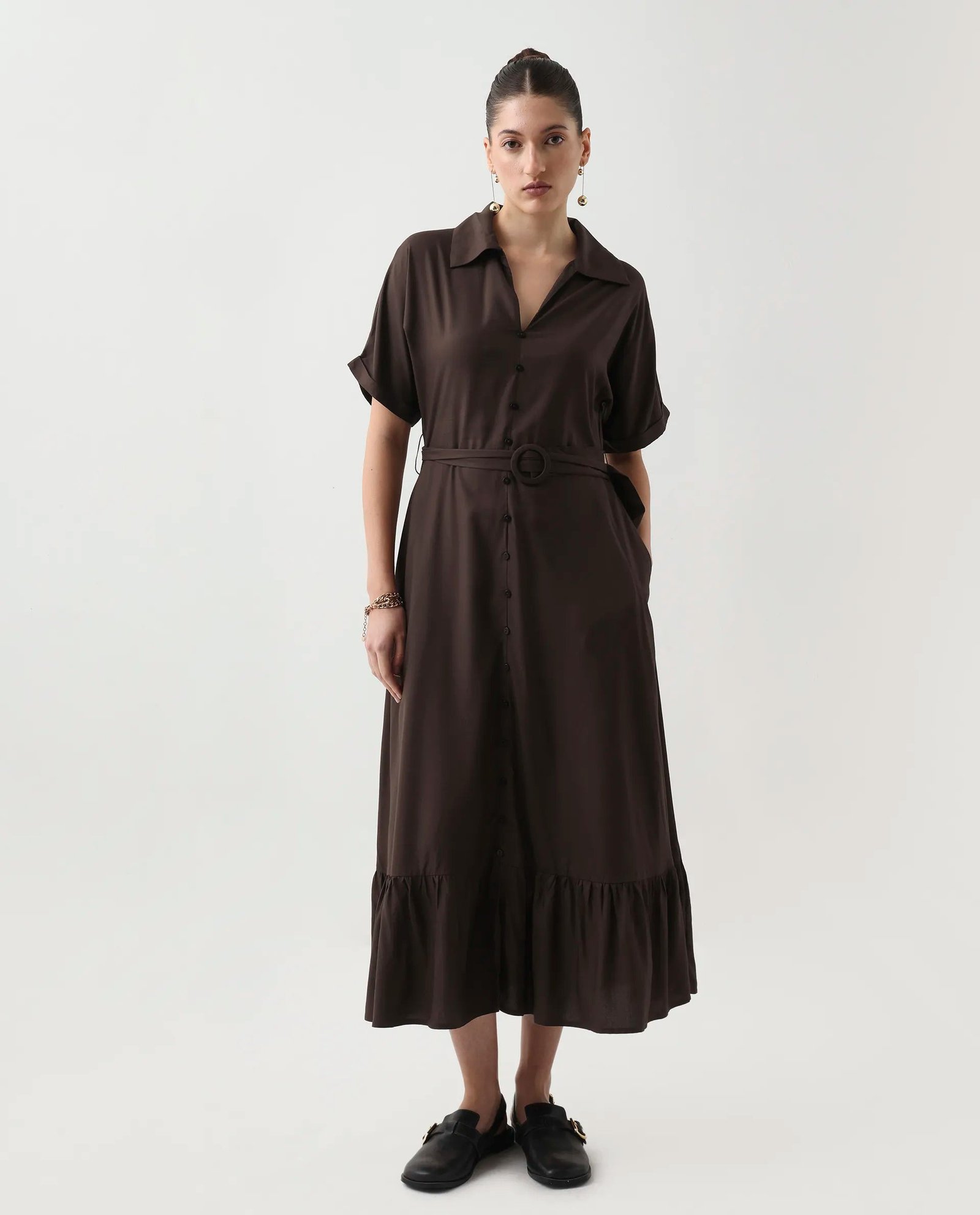 Rareism Women's Elate Brown Viscose Johnny Collar A-Line Plain Midi Dress - Image 2