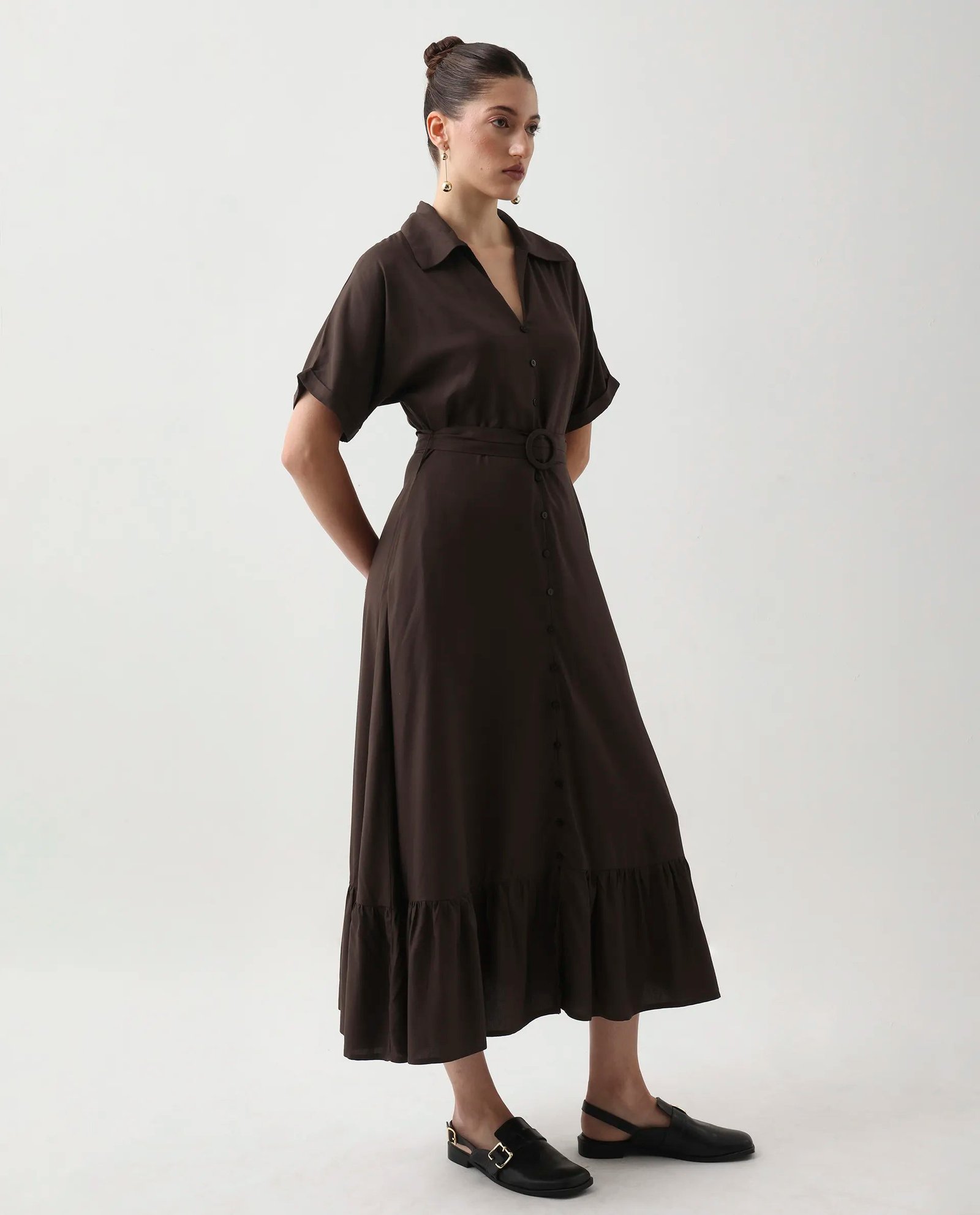 Rareism Women's Elate Brown Viscose Johnny Collar A-Line Plain Midi Dress - Image 5