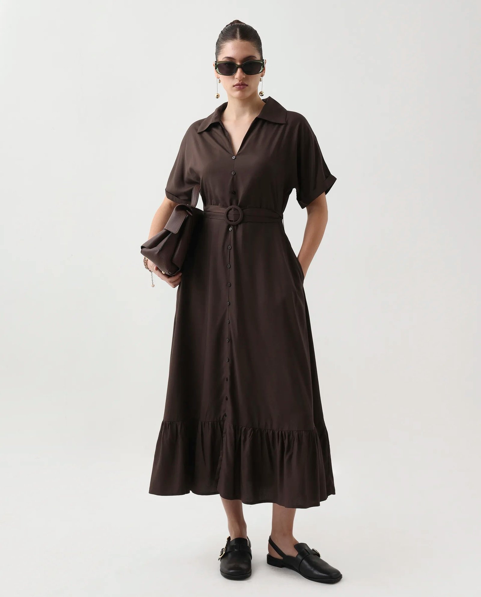 Rareism Women's Elate Brown Viscose Johnny Collar A-Line Plain Midi Dress - Image 6