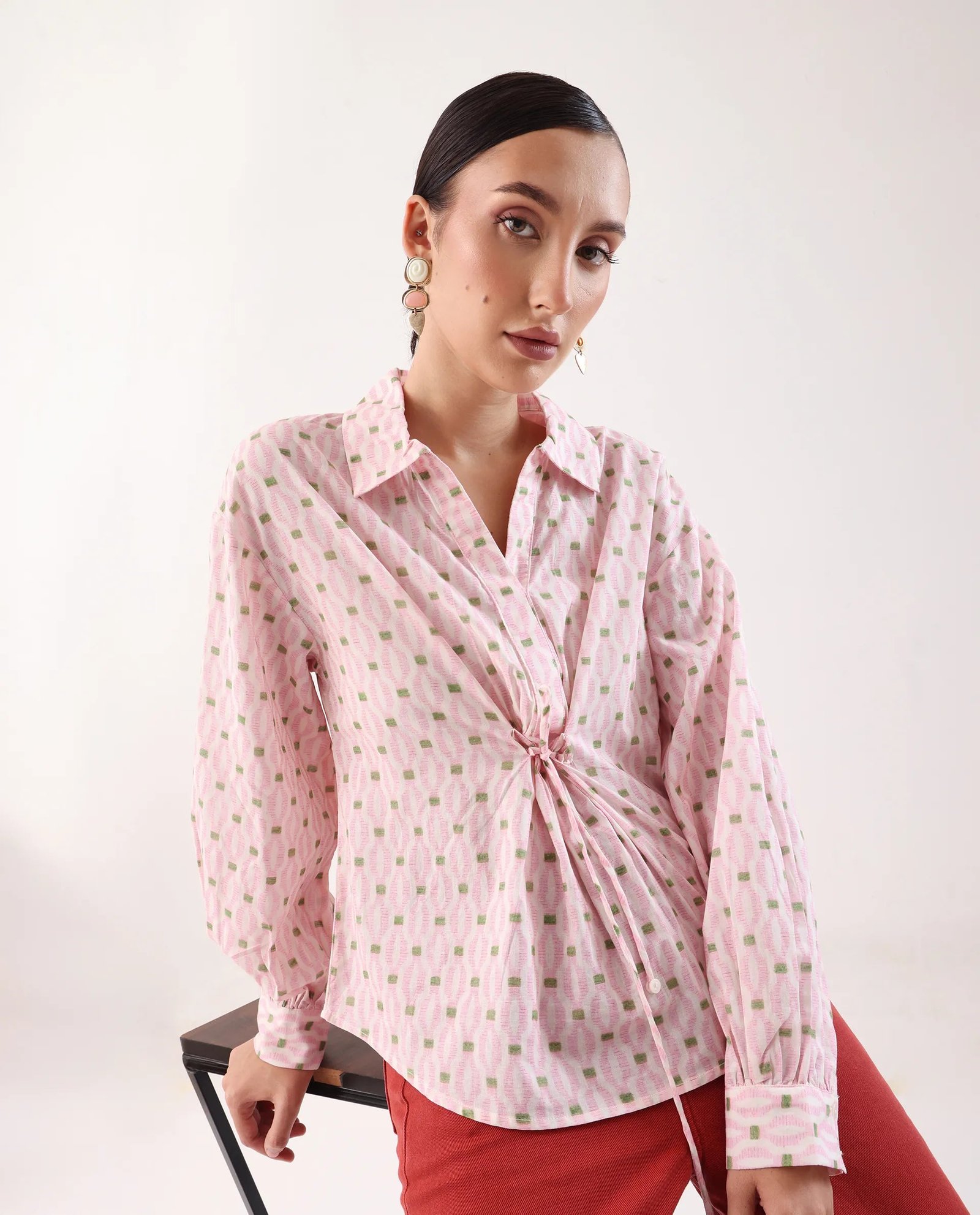 Rareism Women's Eldan Pink Cotton Collared Neck Relaxed Fit Top