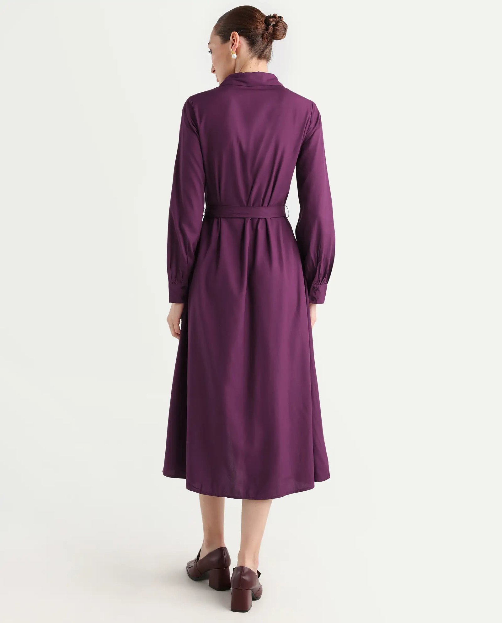 Rareism Women's Eleia Maroon Viscose Collared Neck A-Line Plain Midi Dress - Image 8