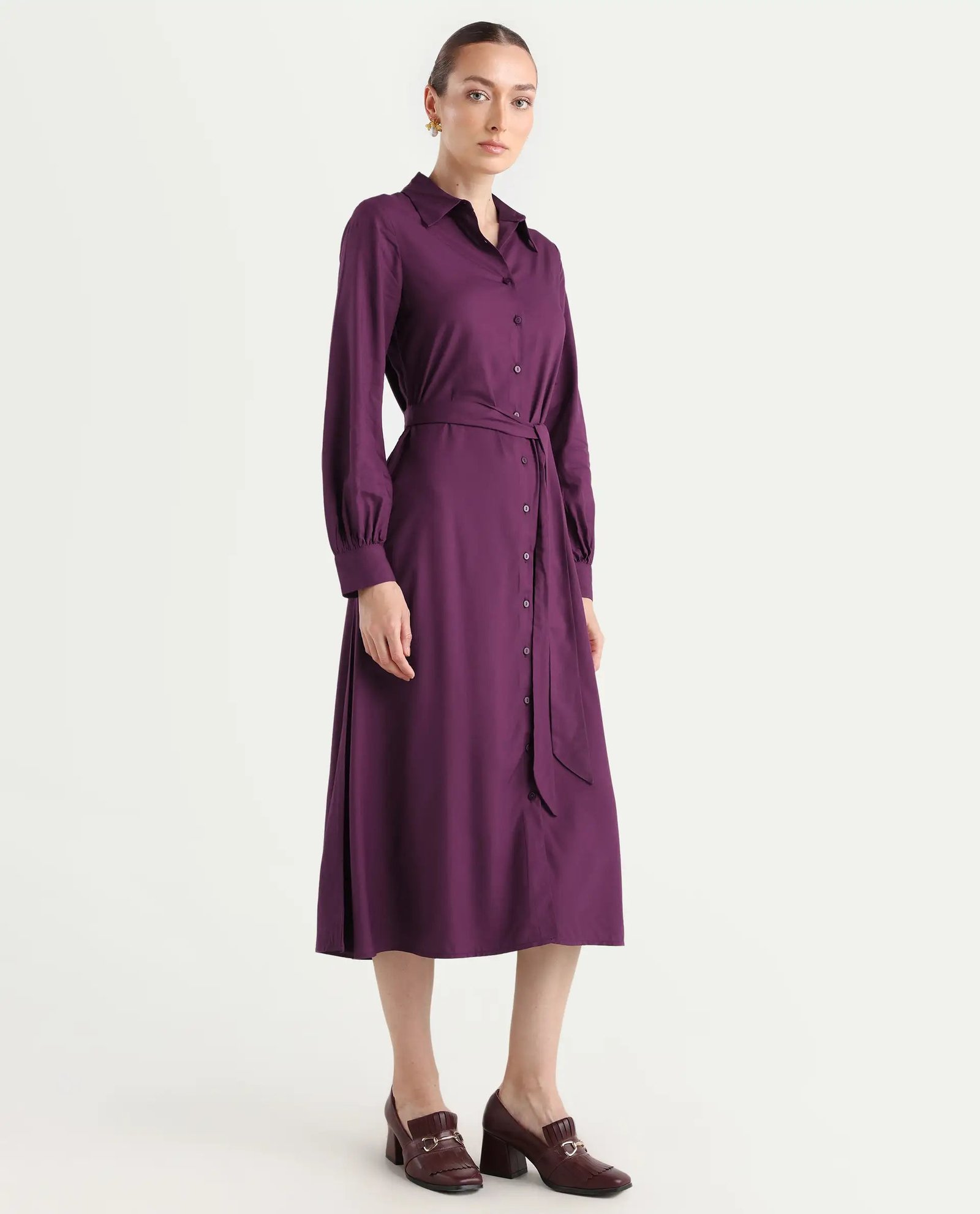 Rareism Women's Eleia Maroon Viscose Collared Neck A-Line Plain Midi Dress - Image 7