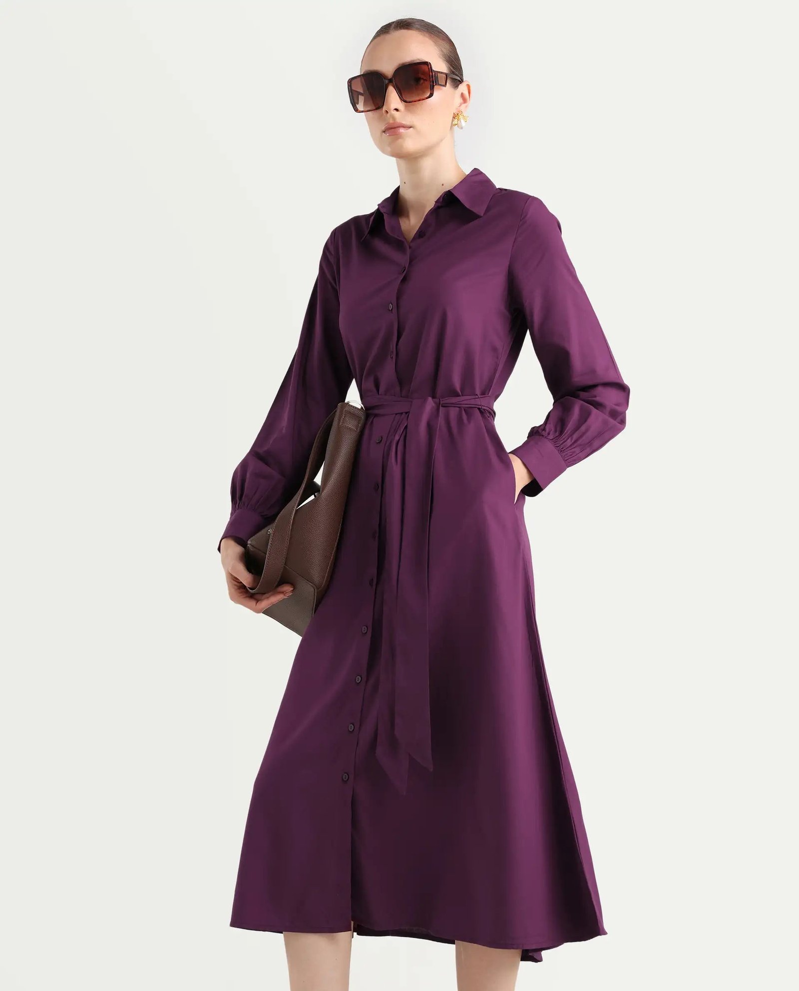 Rareism Women's Eleia Maroon Viscose Collared Neck A-Line Plain Midi Dress - Image 3