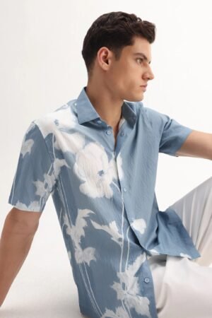 Rare Rabbit Men's Groti Light Blue Viscose Blend Floral Print Relaxed Fit Half Sleeve Collared Shirt