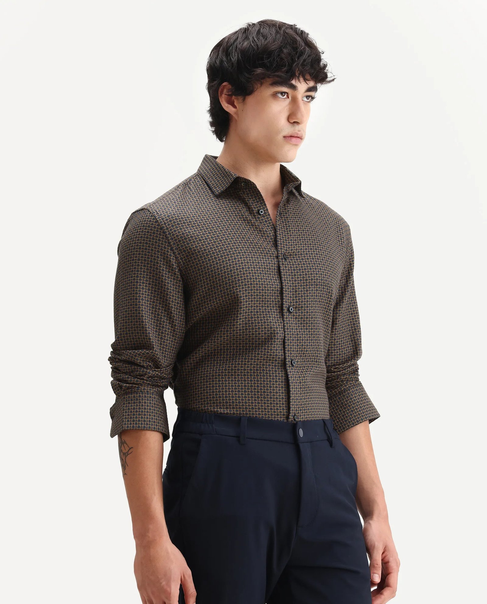 Rare Rabbit Men's Juxe Brown Cotton Fabric Spread Collar Regular Fit Geometric Print Shirt - Image 5