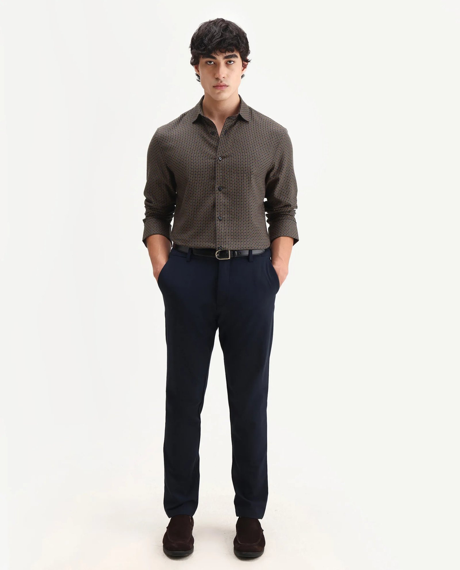 Rare Rabbit Men's Juxe Brown Cotton Fabric Spread Collar Regular Fit Geometric Print Shirt - Image 2