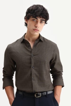 Rare Rabbit Men's Juxe Brown Cotton Fabric Spread Collar Regular Fit Geometric Print Shirt