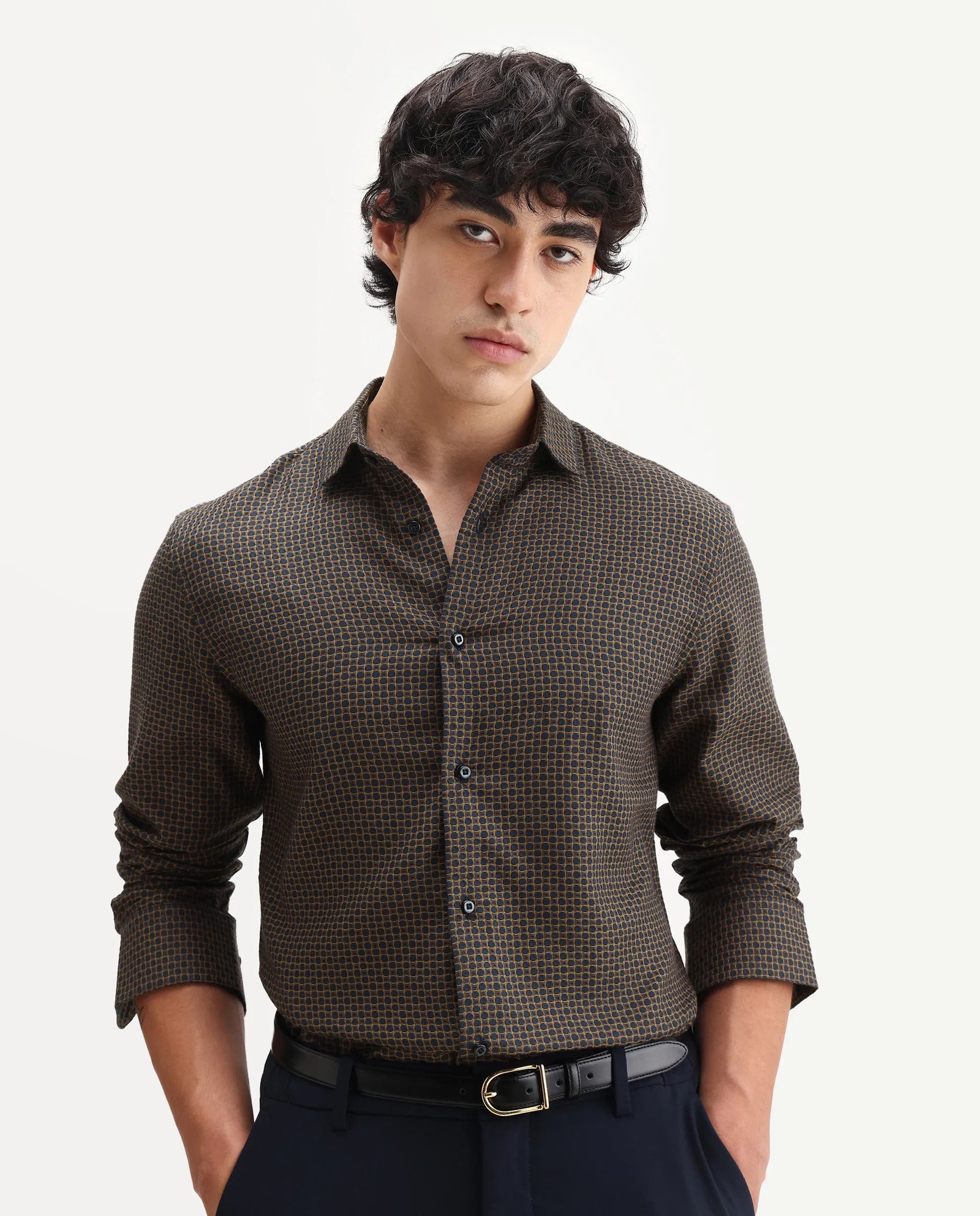 Rare Rabbit Men's Juxe Brown Cotton Fabric Spread Collar Regular Fit Geometric Print Shirt