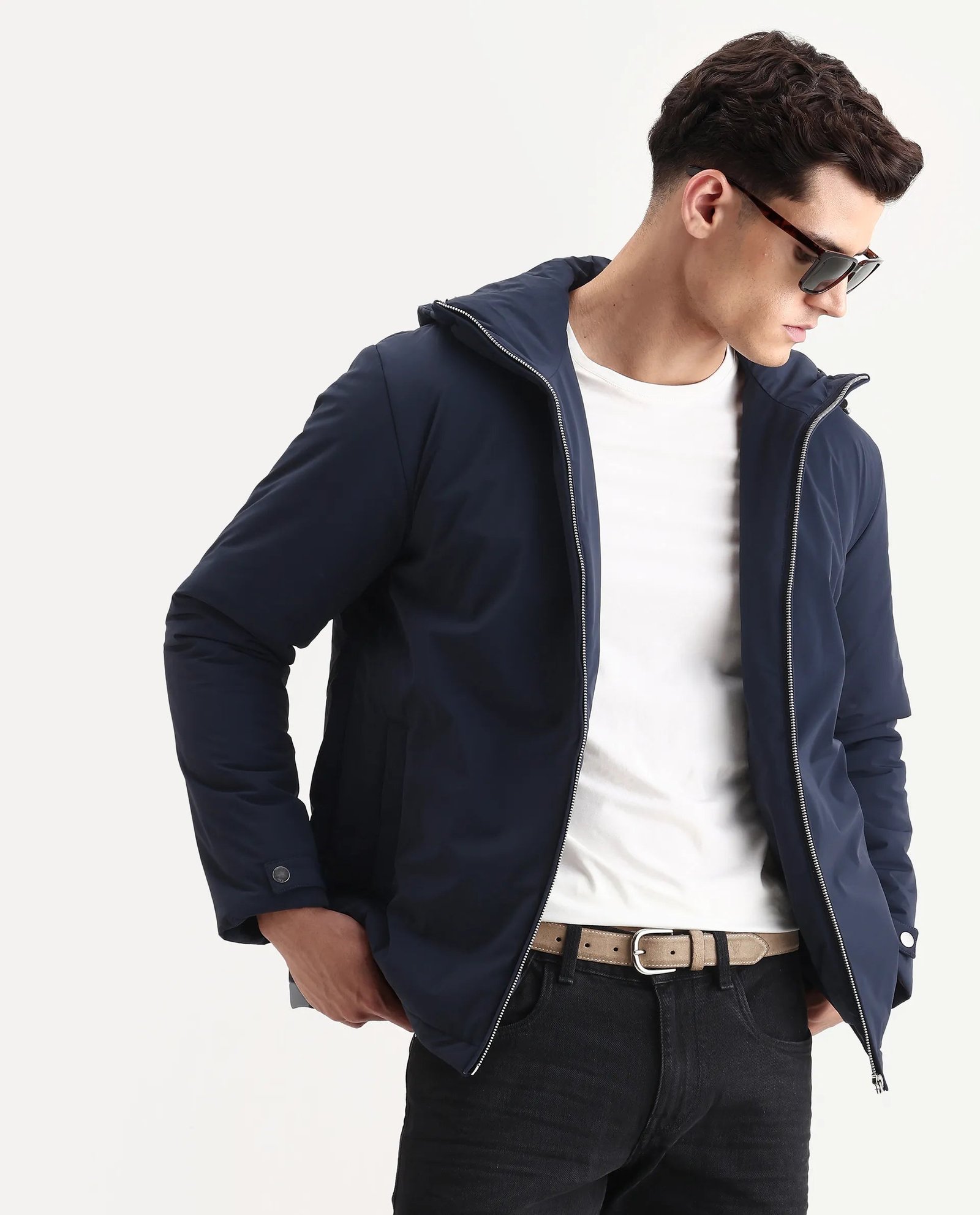 Rare Rabbit Men's Kost Navy Nylon Fabric High Neck Relaxed Fit Plain Jacket