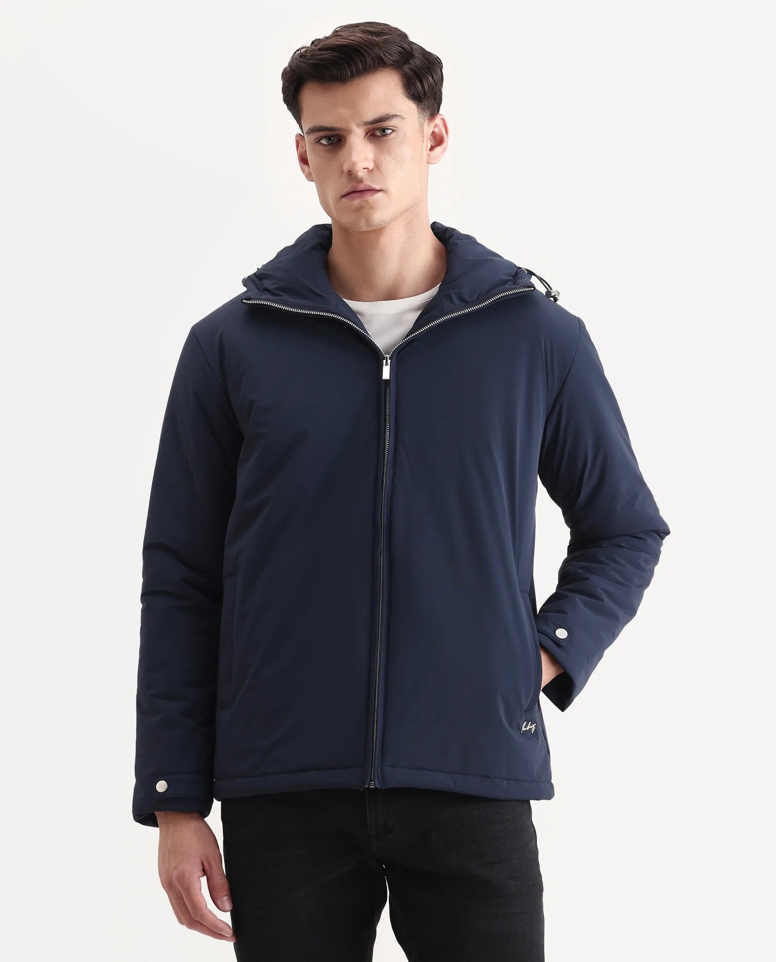 Rare Rabbit Men's Kost Navy Nylon Fabric High Neck Relaxed Fit Plain Jacket - Image 4