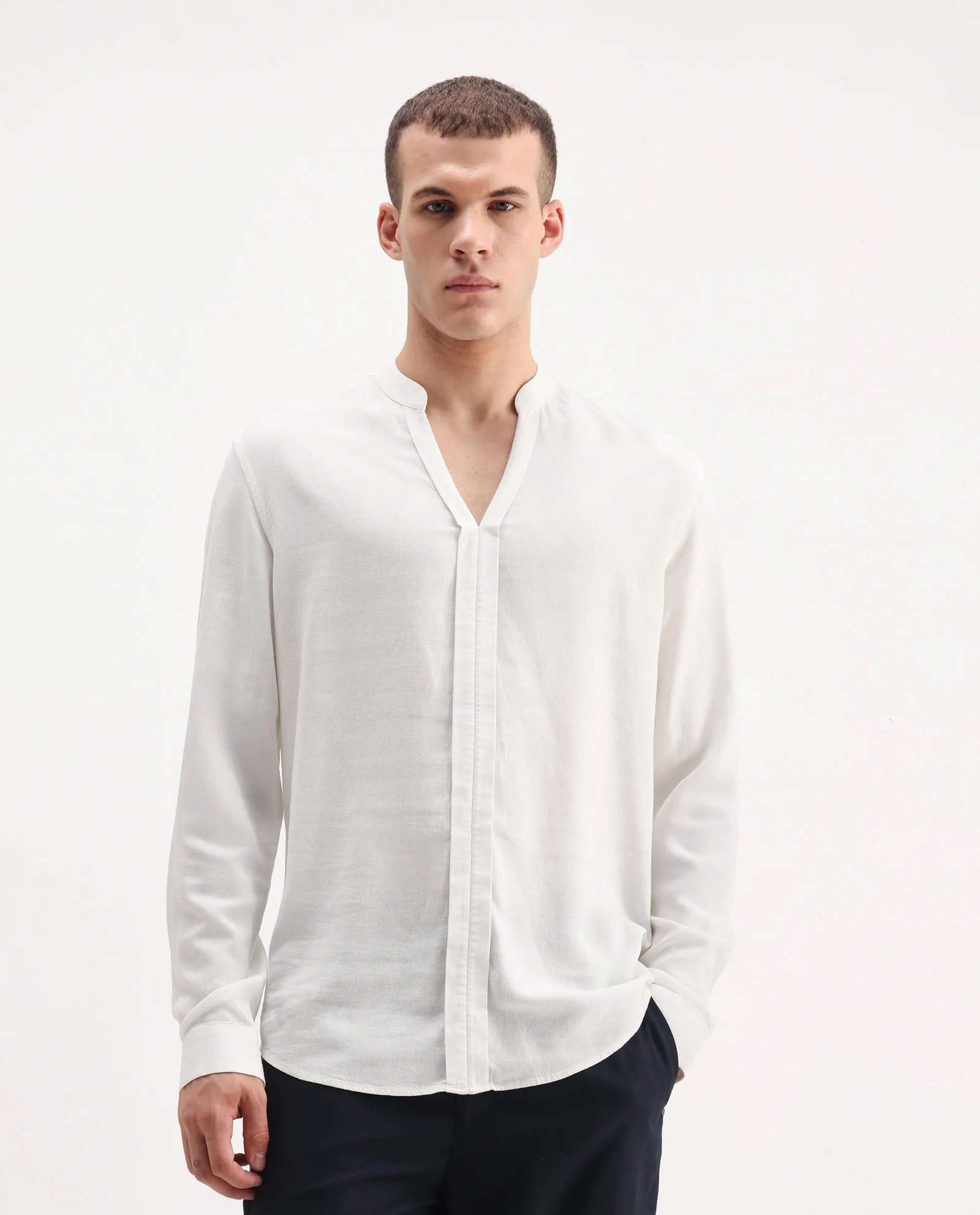 Rare Rabbit Men's Kurto 25 White Linen Blend Plain Regular Fit Full Sleeve Mandarin Collar Shirt - Image 5