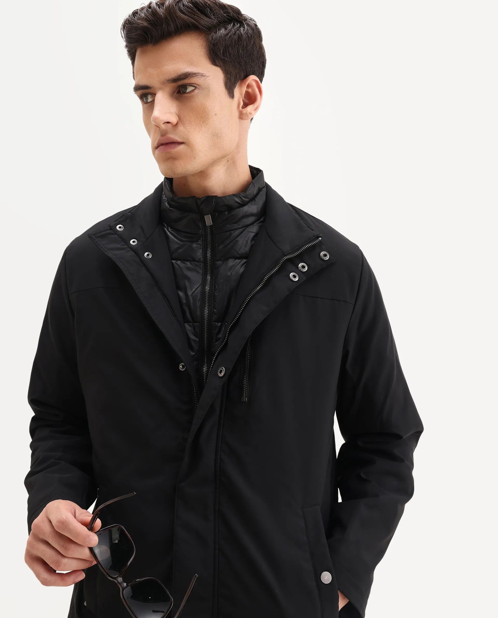 Rare Rabbit Men's Macaw-25 Black Polyester Plain Regular Fit Full Sleeve High Neck Jacket