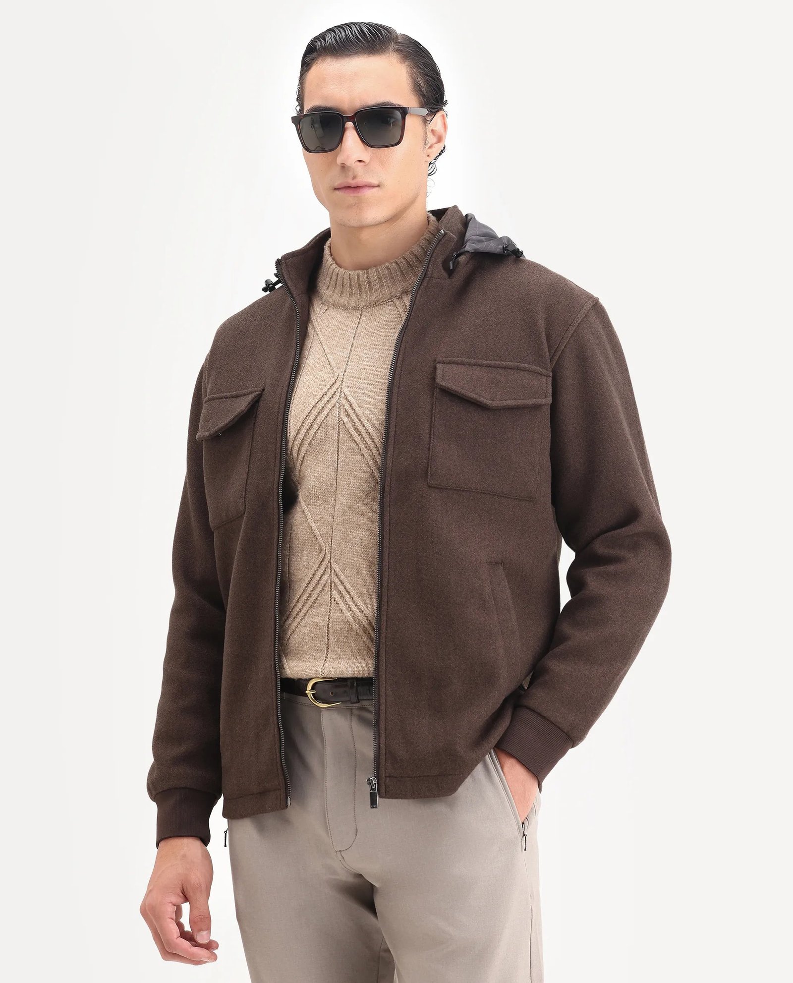 Rare Rabbit Men's Meron-25 Dark Brown Polyester Textured Relaxed Fit Full Sleeve Hooded Jacket