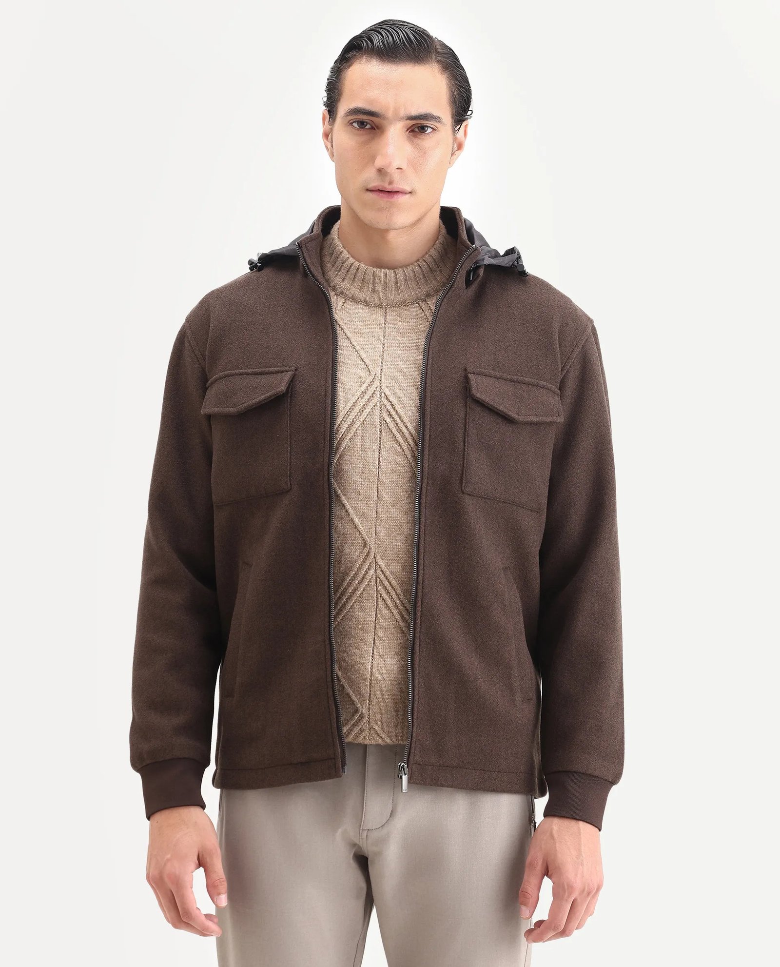 Rare Rabbit Men's Meron-25 Dark Brown Polyester Textured Relaxed Fit Full Sleeve Hooded Jacket - Image 4