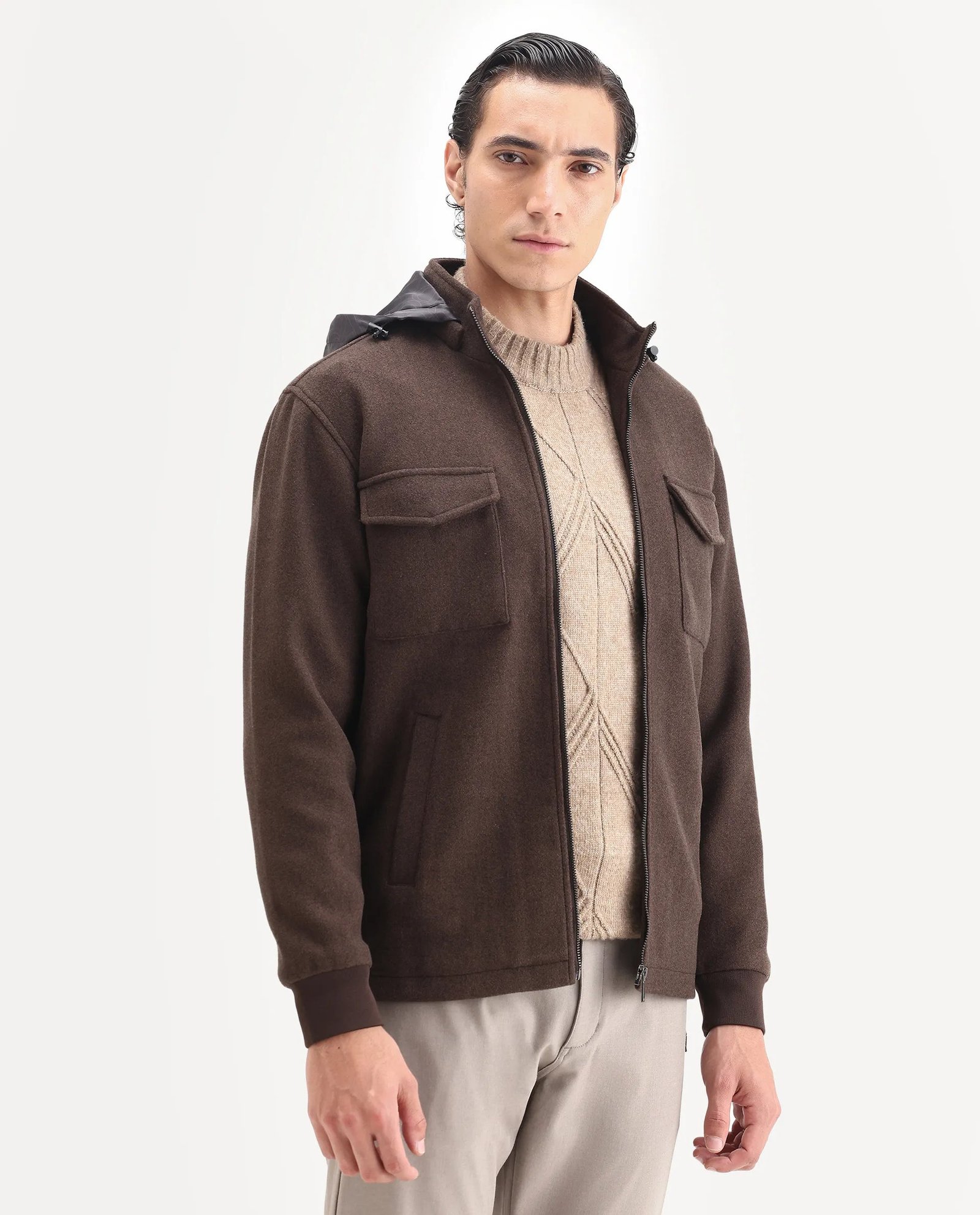 Rare Rabbit Men's Meron-25 Dark Brown Polyester Textured Relaxed Fit Full Sleeve Hooded Jacket - Image 6
