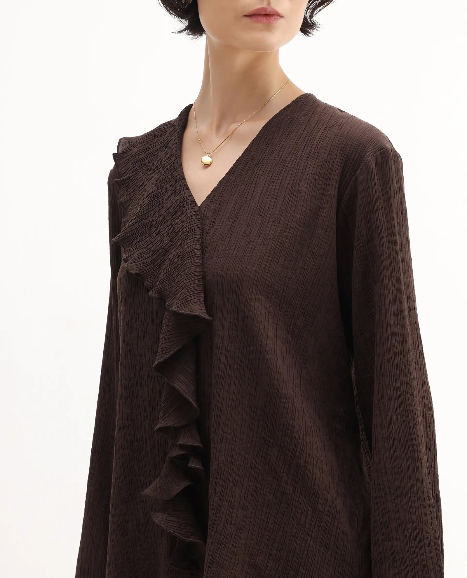 Rareism Women's Nemti-Brown Viscose Ruffled Neck Regular Fit Plain Top - Image 4