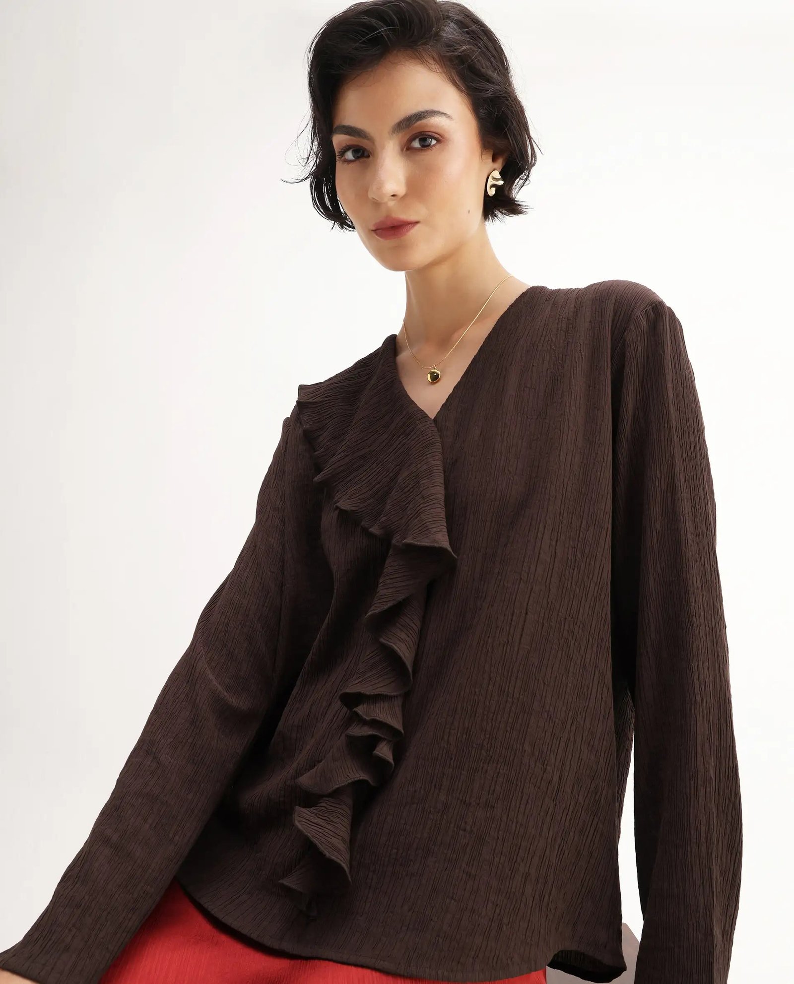 Rareism Women's Nemti-Brown Viscose Ruffled Neck Regular Fit Plain Top