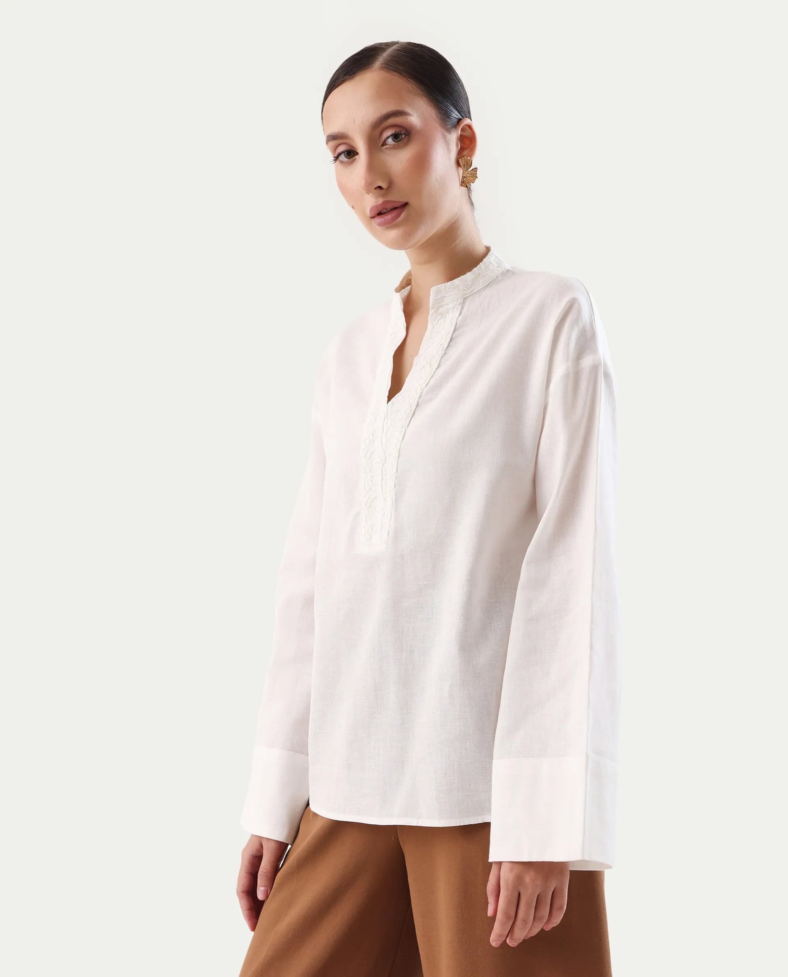 Rareism Women's Nubank Off White Cotton Blend Mandarin Collar Regular Fit Plain Top - Image 5