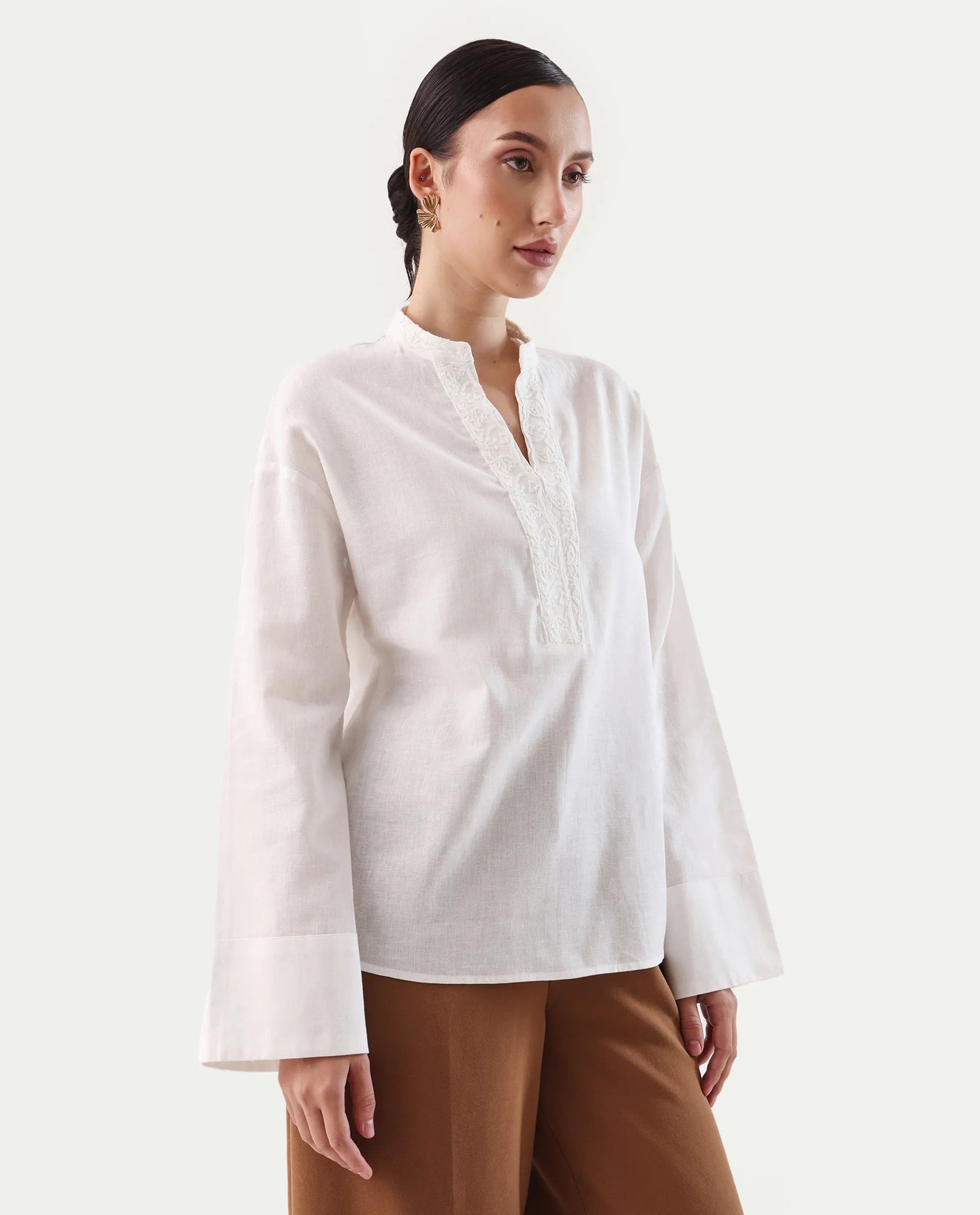 Rareism Women's Nubank Off White Cotton Blend Mandarin Collar Regular Fit Plain Top - Image 6