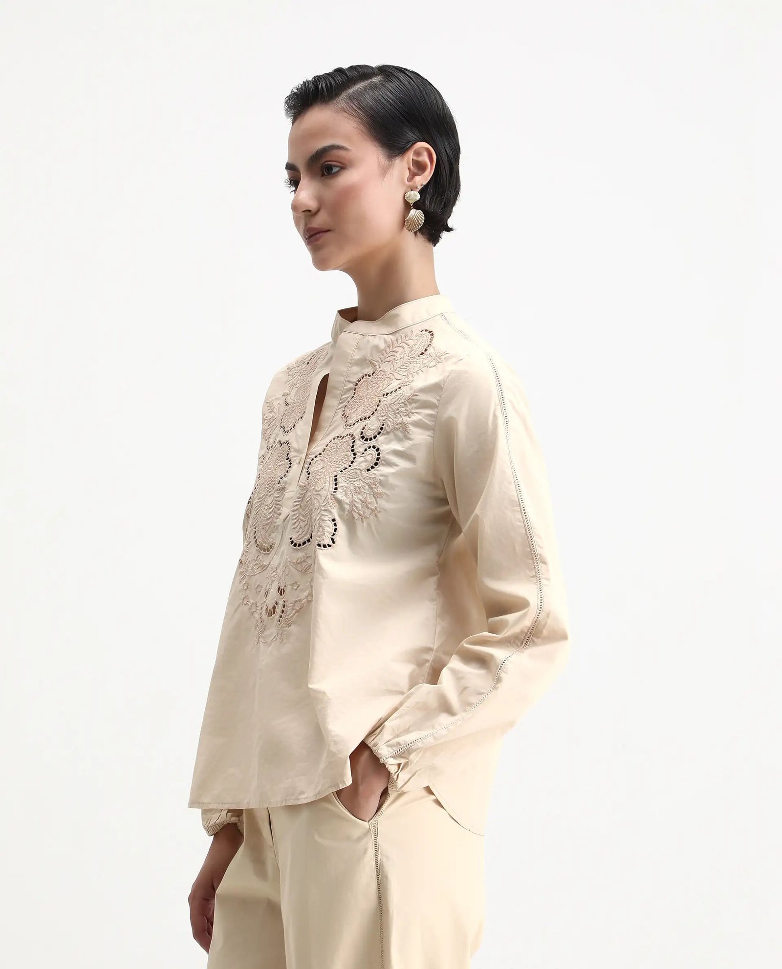 Rareism Women's Nucut-T Beige Cotton Mandarin Collar Regular Fit Top - Image 6