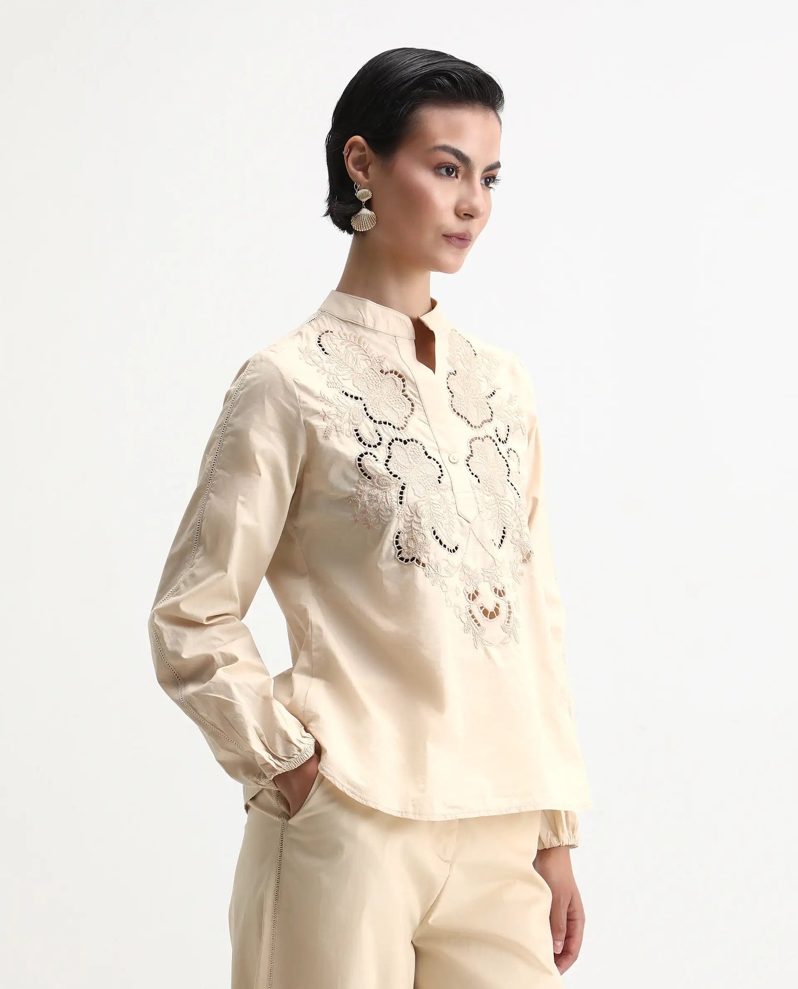 Rareism Women's Nucut-T Beige Cotton Mandarin Collar Regular Fit Top - Image 7