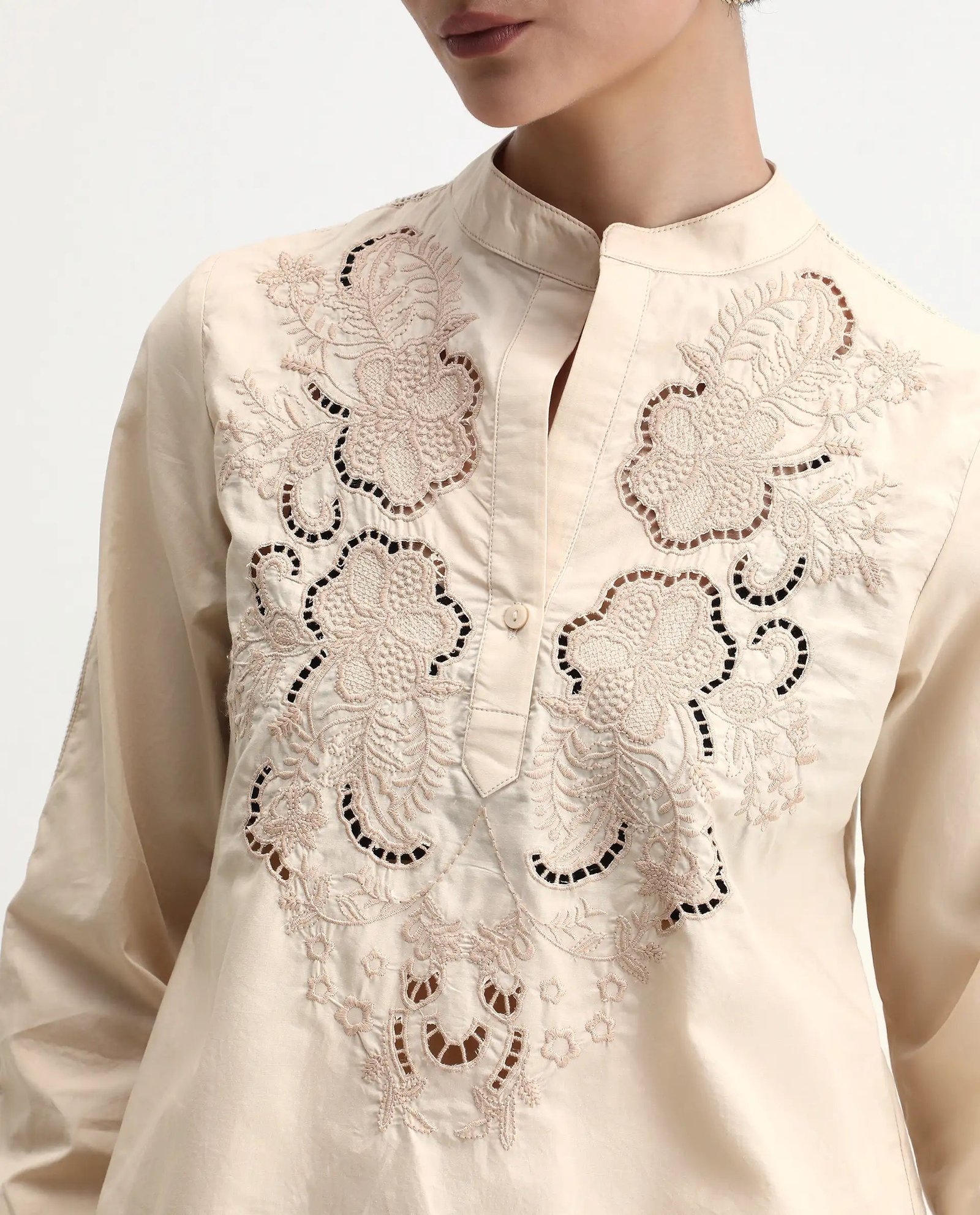 Rareism Women's Nucut-T Beige Cotton Mandarin Collar Regular Fit Top - Image 4