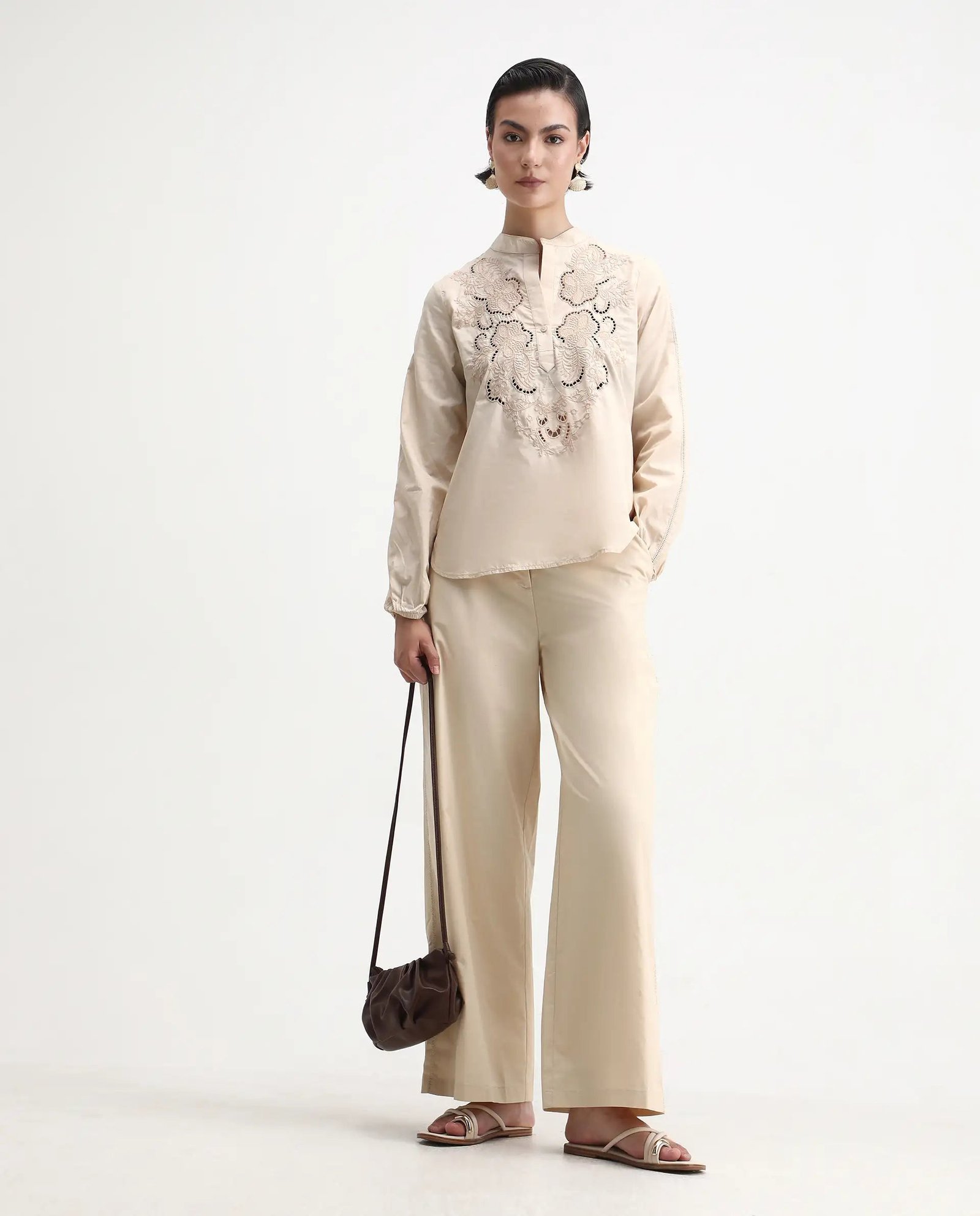 Rareism Women's Nucut-T Beige Cotton Mandarin Collar Regular Fit Top