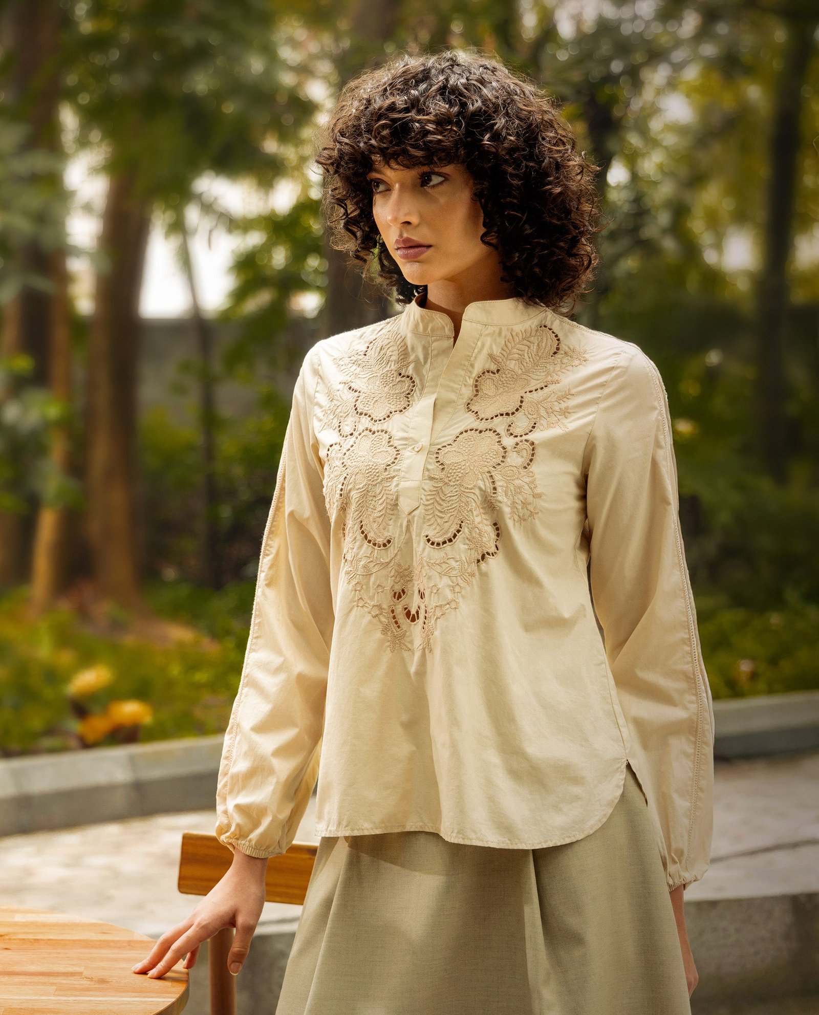 Rareism Women's Nucut-T Beige Cotton Mandarin Collar Regular Fit Top - Image 3