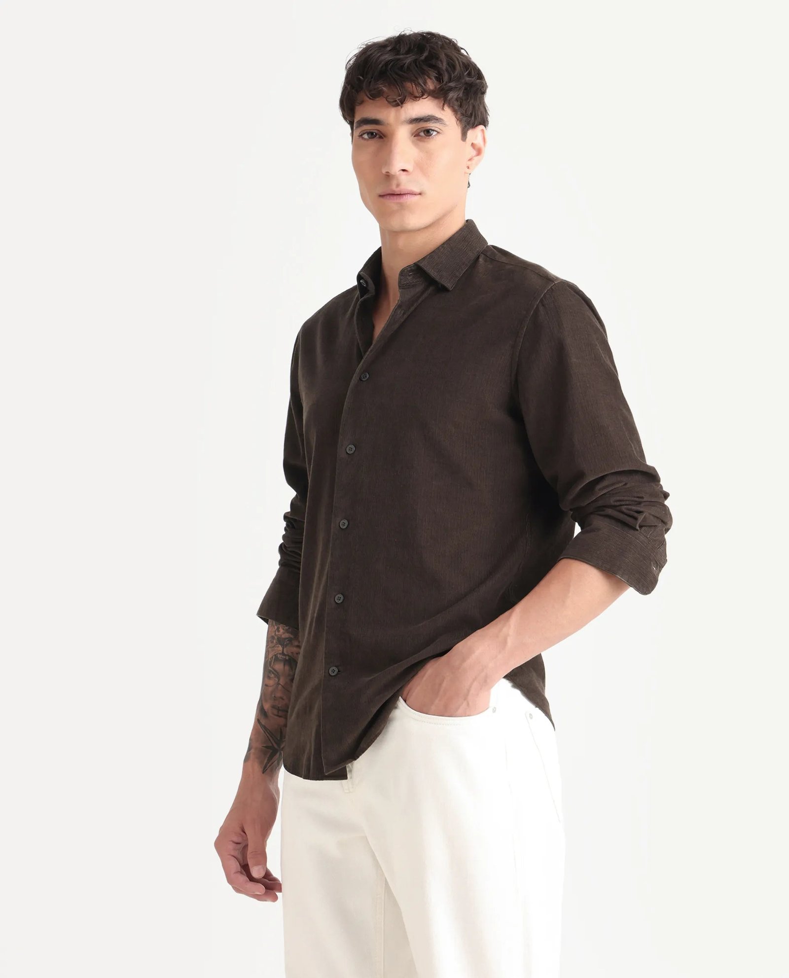 Rare Rabbit Men's Buita Dark Brown Cotton Plain Regular Fit Full Sleeve Collared Shirt - Image 5