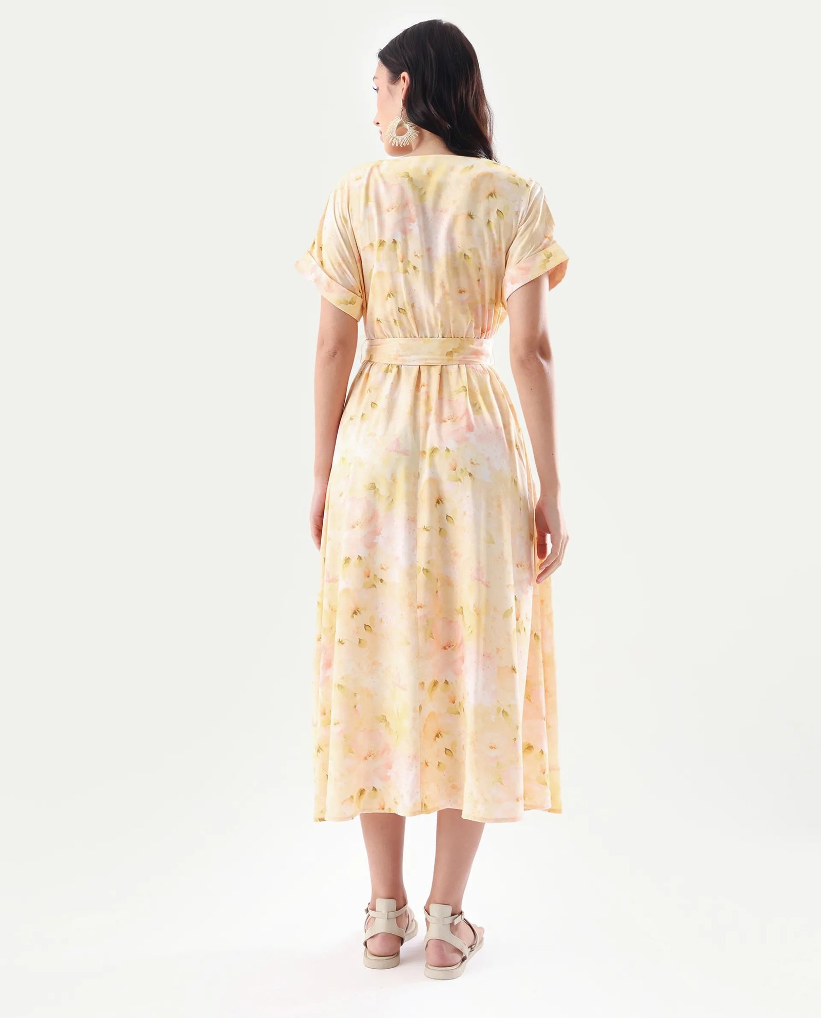 Rareism Women's Elavi Yellow Viscose Overlap Neck Flared Printed Midi Dress - Image 8