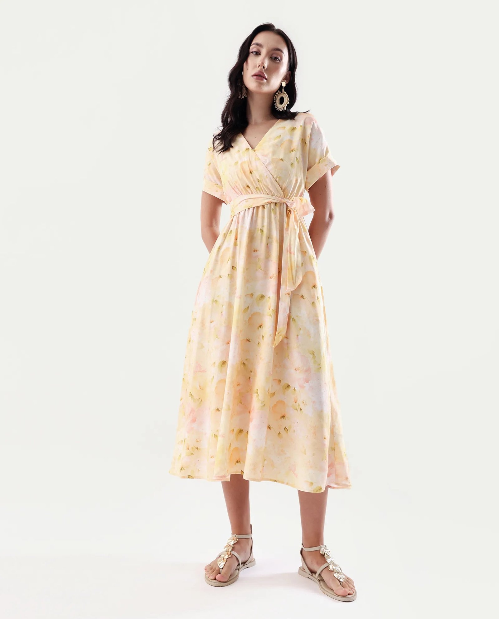 Rareism Women's Elavi Yellow Viscose Overlap Neck Flared Printed Midi Dress - Image 2